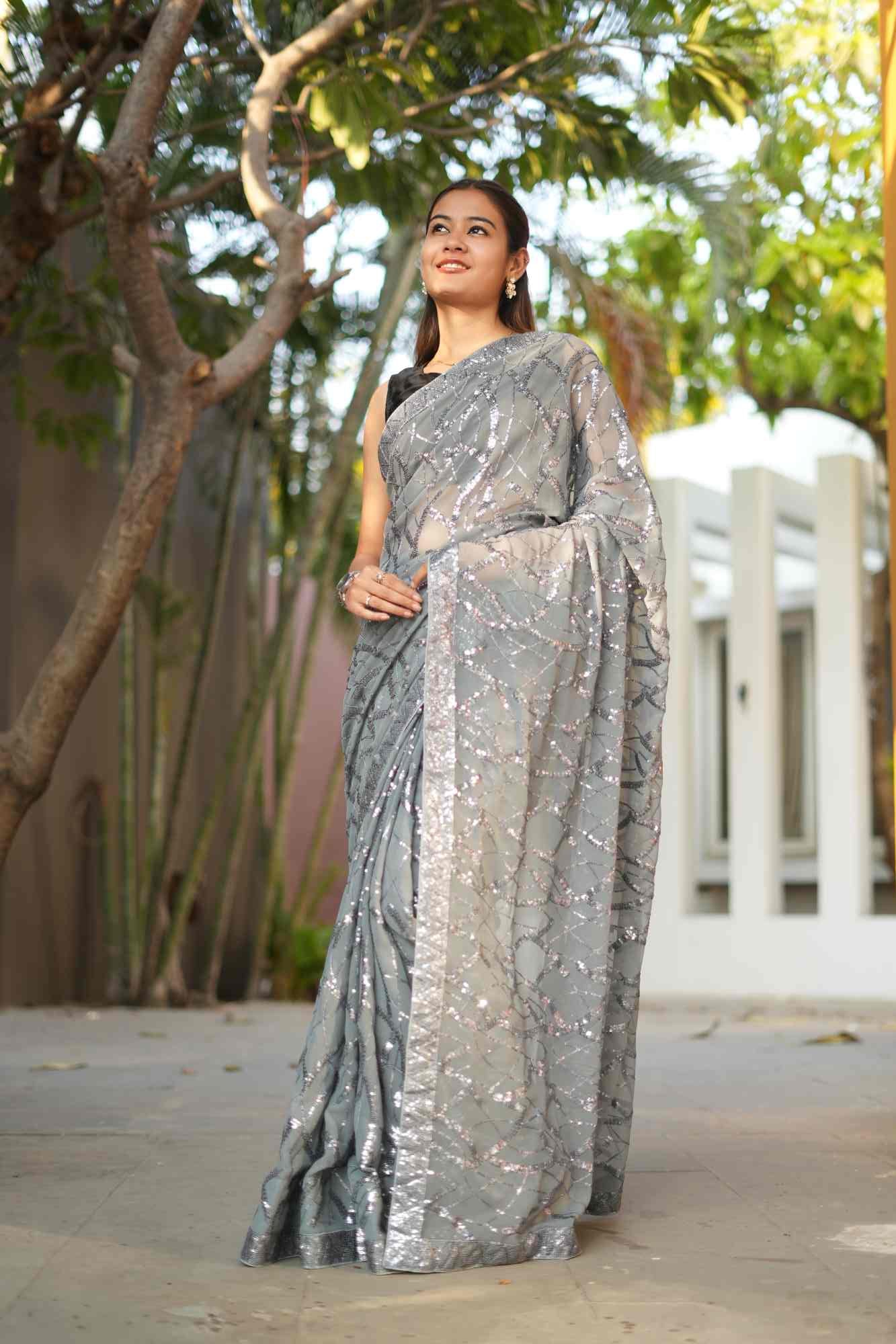 Party Style Exquisite Georgette Embroidery Saree with All-Over Sequin Work and Elegant Piping Lace – A Perfect Fusion of Luxury and Grace in 1 Minute