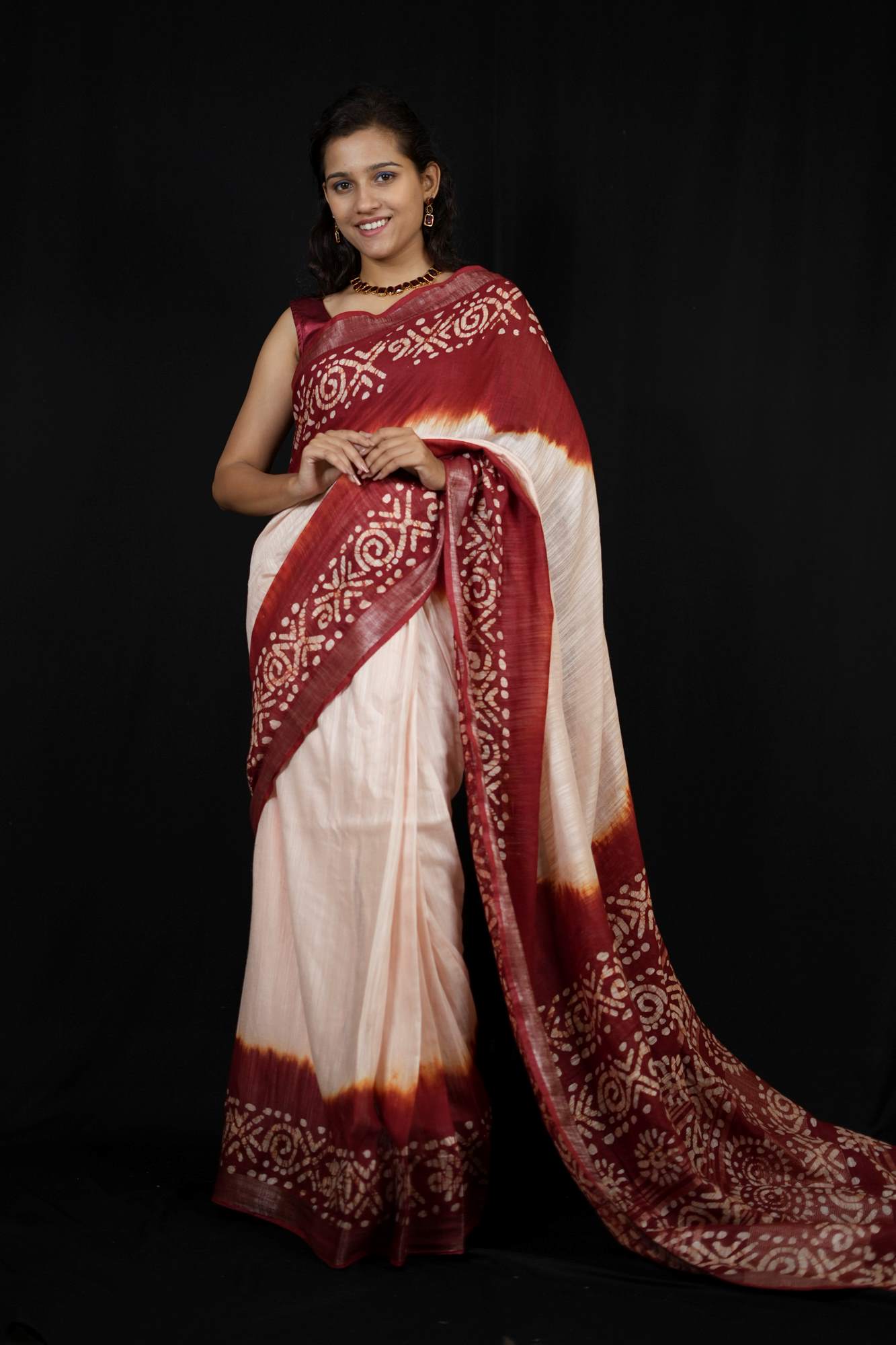 Linen Cotton with White & Red Wax Batik Printed Ready To Wear Saree