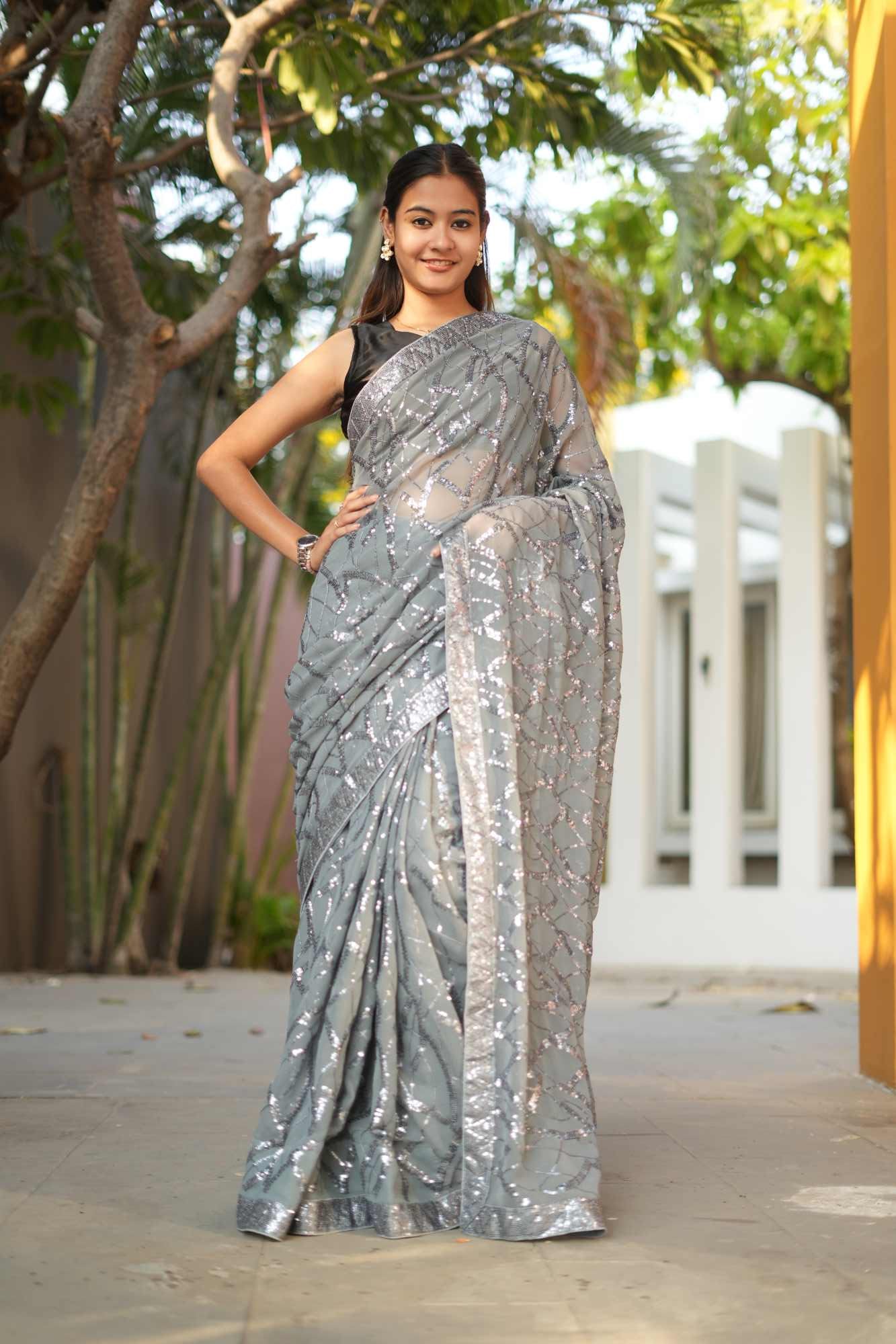 Party Style Exquisite Georgette Embroidery Saree with All-Over Sequin Work and Elegant Piping Lace – A Perfect Fusion of Luxury and Grace in 1 Minute