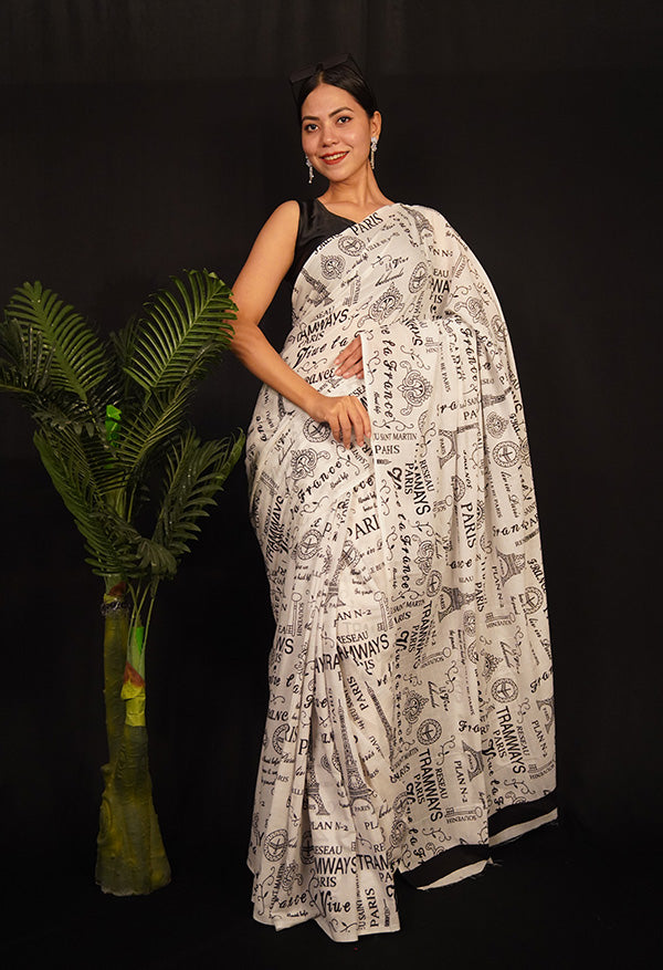 Quirky & Fun Eiffel Tower Printed Over all  Mul Mul Cotton Wrap in 1 minute saree