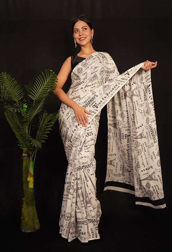 Quirky & Fun Eiffel Tower Printed Over all  Pure Mul Mul Cotton Wrap in 1 minute saree