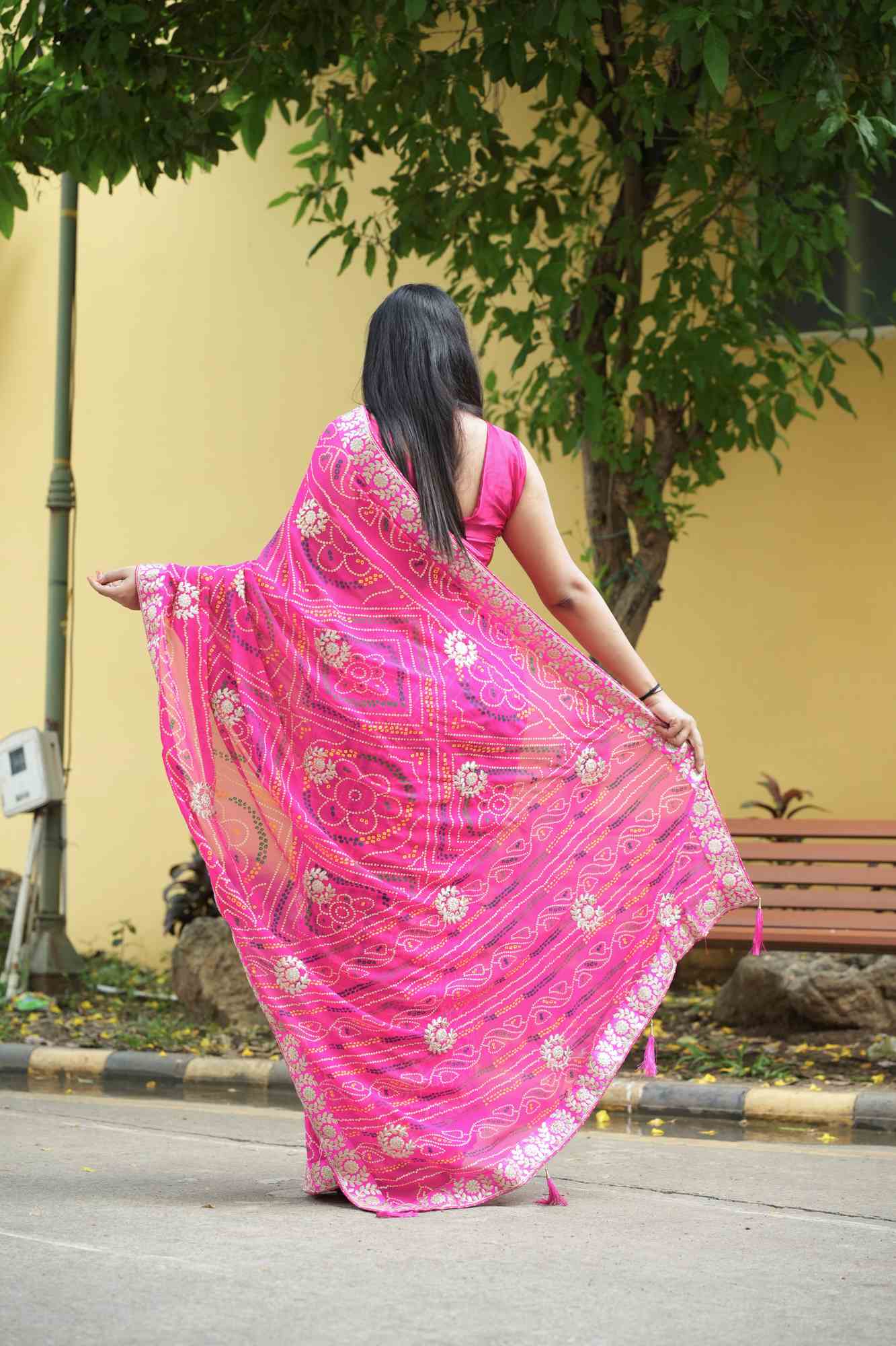 Georgette Bandhej with Gota Patti & Zari Lace Work Border Ready to Wear Saree