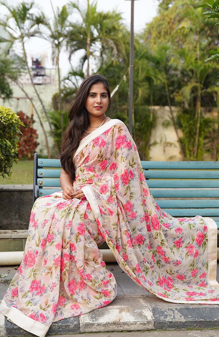 Shop Powder Pink Floral Print Georgette Sari Online in USA |Zari Border –  Pure Elegance