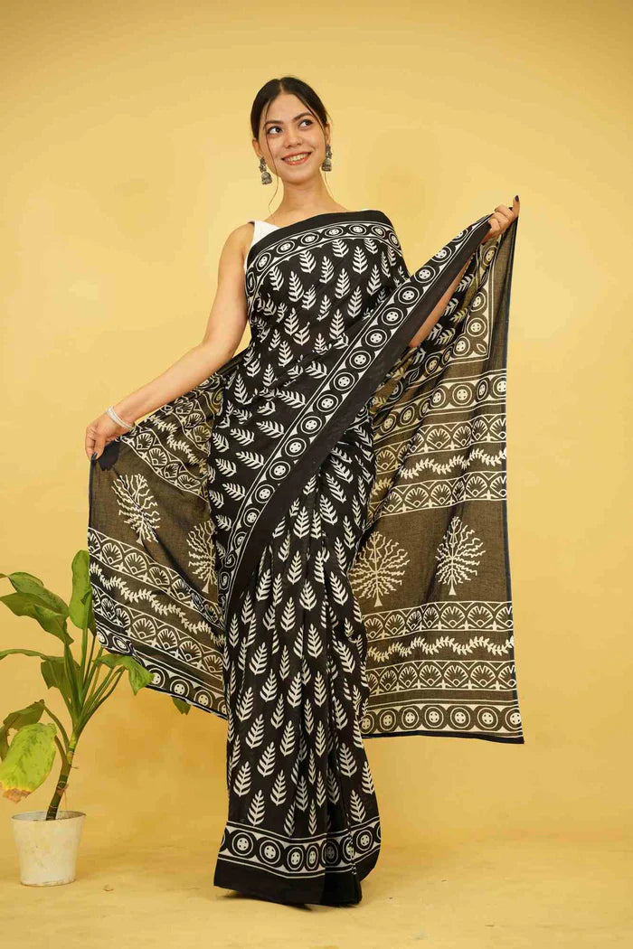 Ready To wear Black Pure Mul Mul Cotton Black saree with Vegetable dye Hand Block print