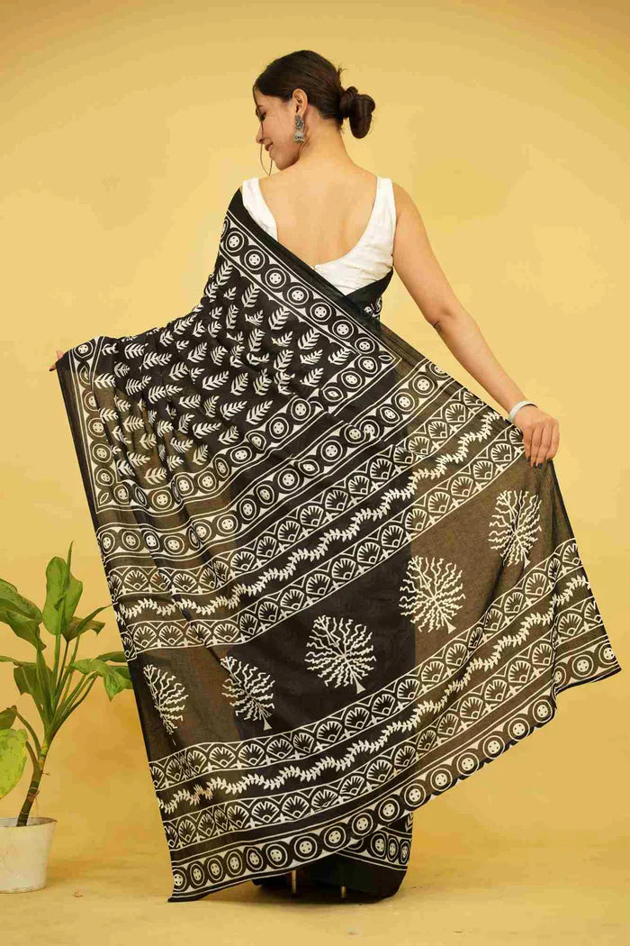 Ready To wear Black Pure Mul Mul Cotton Black saree with Vegetable dye Hand Block print