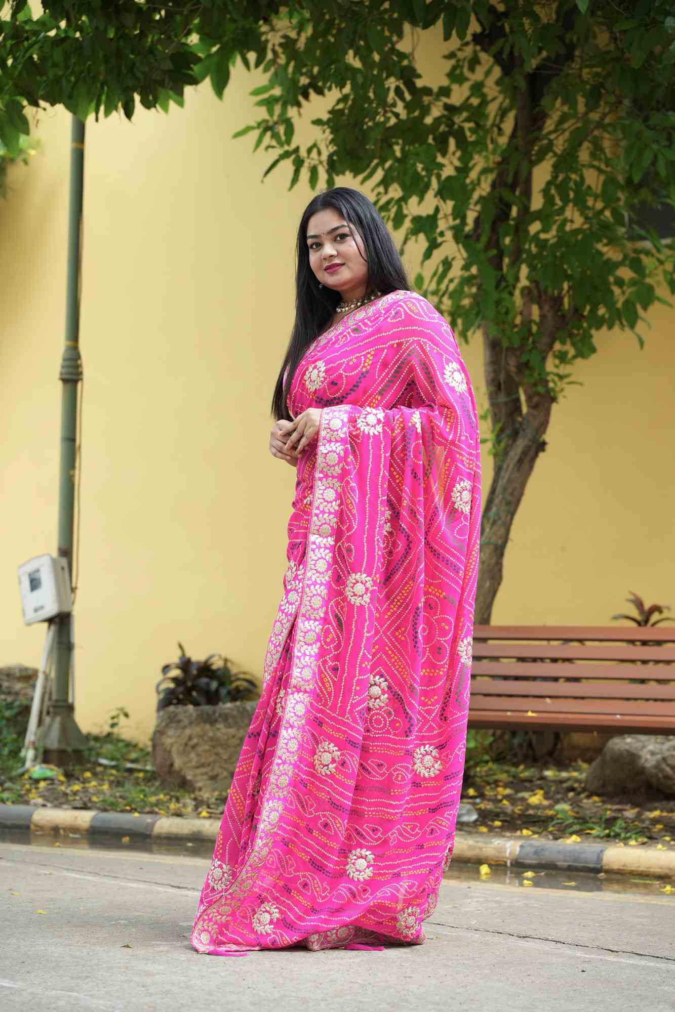 Georgette Bandhej with Gota Patti & Zari Lace Work Border Ready to Wear Saree