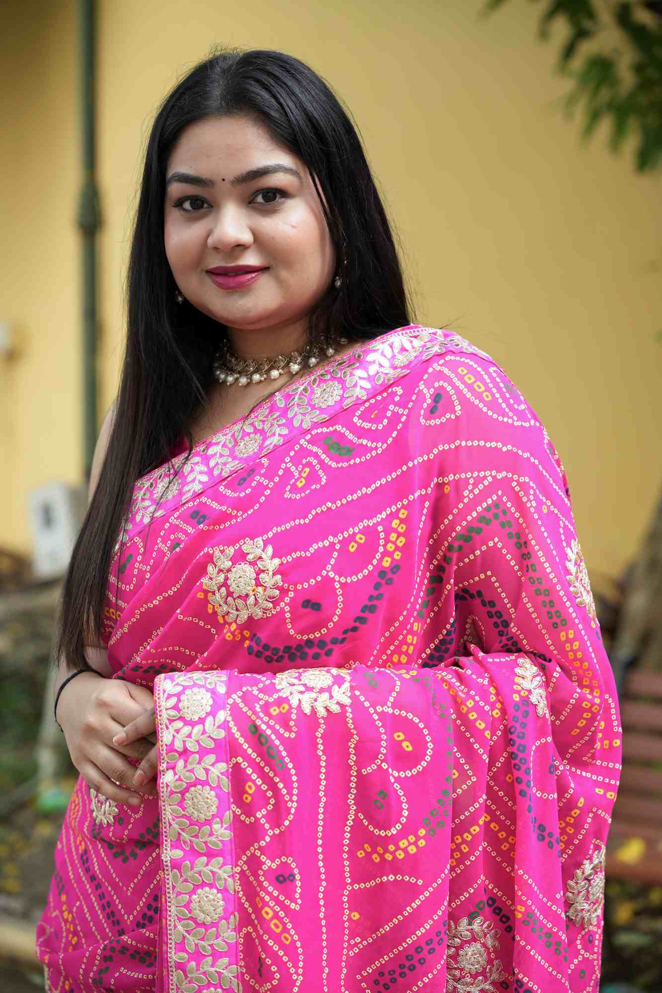 Georgette Bandhej with Gota Patti & Zari Lace Work Border Ready to Wear Saree