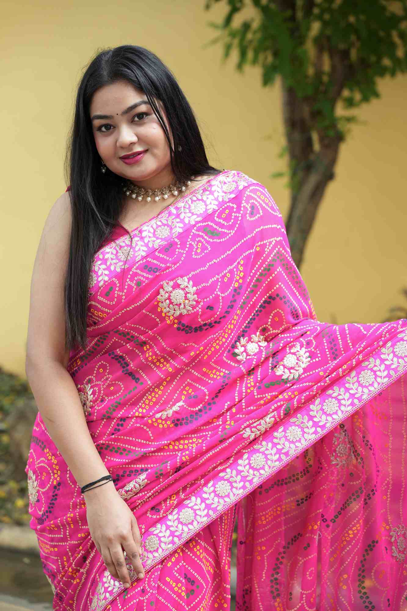 Georgette Bandhej with Gota Patti & Zari Lace Work Border Ready to Wear Saree