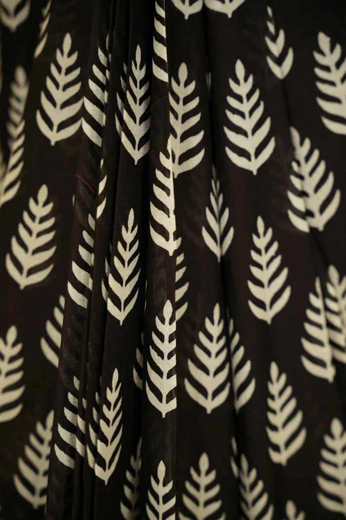 Ready To wear Black Pure Mul Mul Cotton Black saree with Vegetable dye Hand Block print