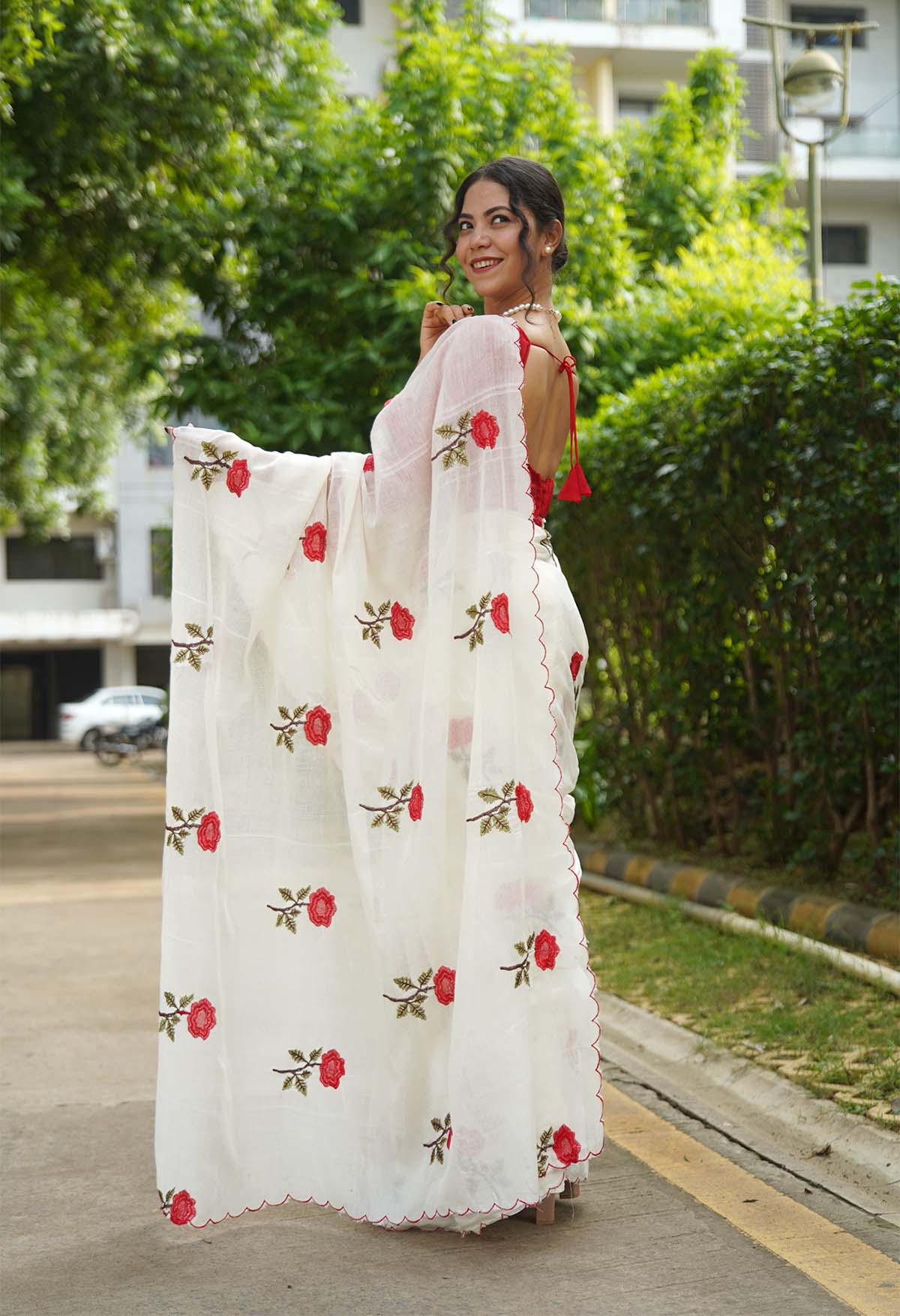 Beautiful Cotton Rose Embroidered Overall With Scalloped Bordered Pre Draped Saree