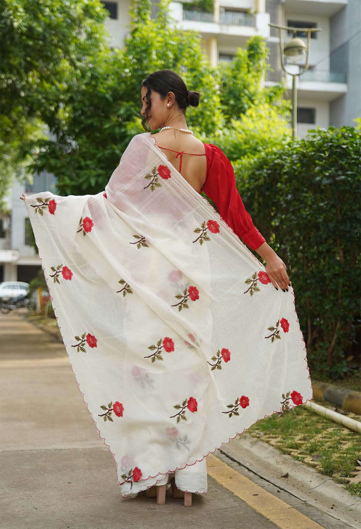 Beautiful Cotton Rose Embroidered Overall With Scalloped Bordered Pre Draped Saree