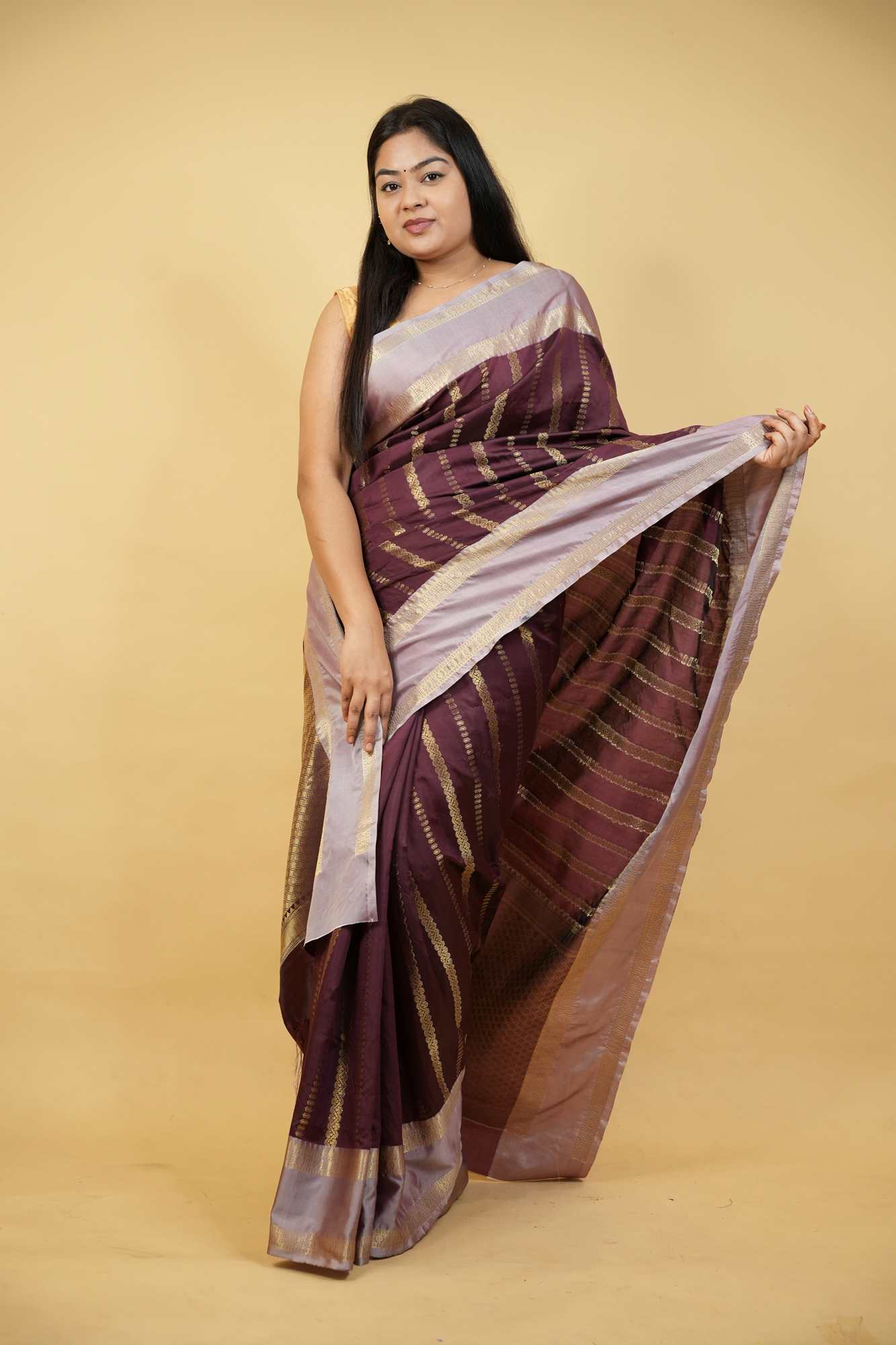 Banarasi Taffeta Silk with Zari Strip Weave & Contrast Border Wrap in 1 minute saree