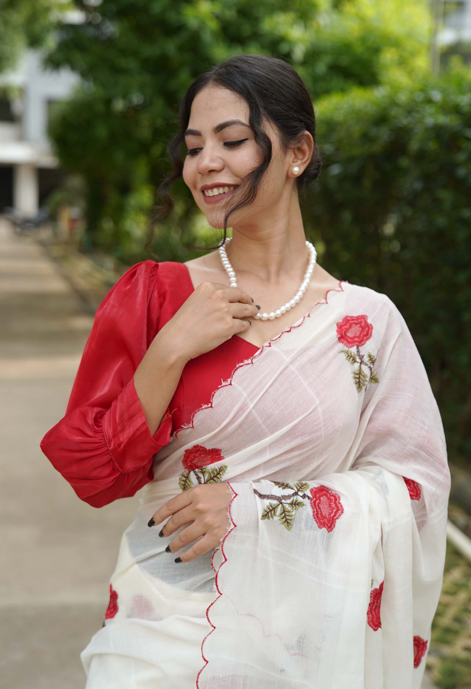 Beautiful Cotton Rose Embroidered Overall With Scalloped Bordered Pre Draped Saree