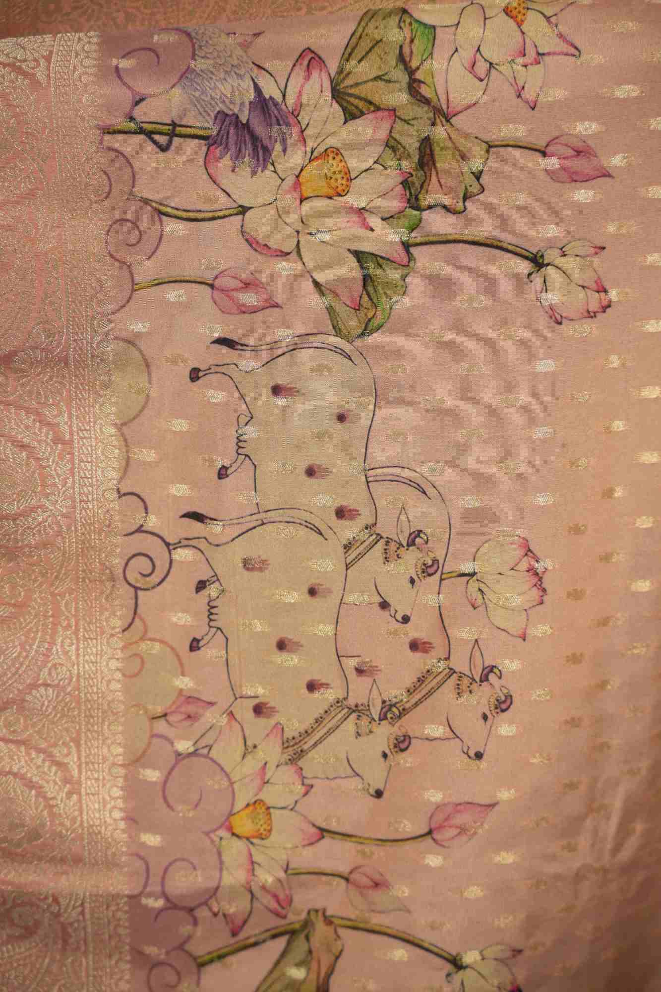 Peach Viscose Georgette Silk with Woven Detailing, Digital Prints & Tassels Ready To Wear Saree