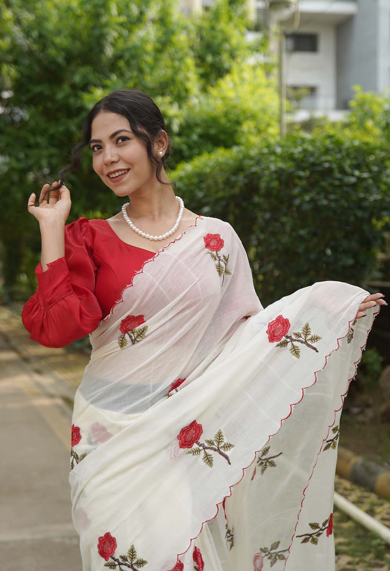 Beautiful Cotton Rose Embroidered Overall With Scalloped Bordered Pre Draped Saree