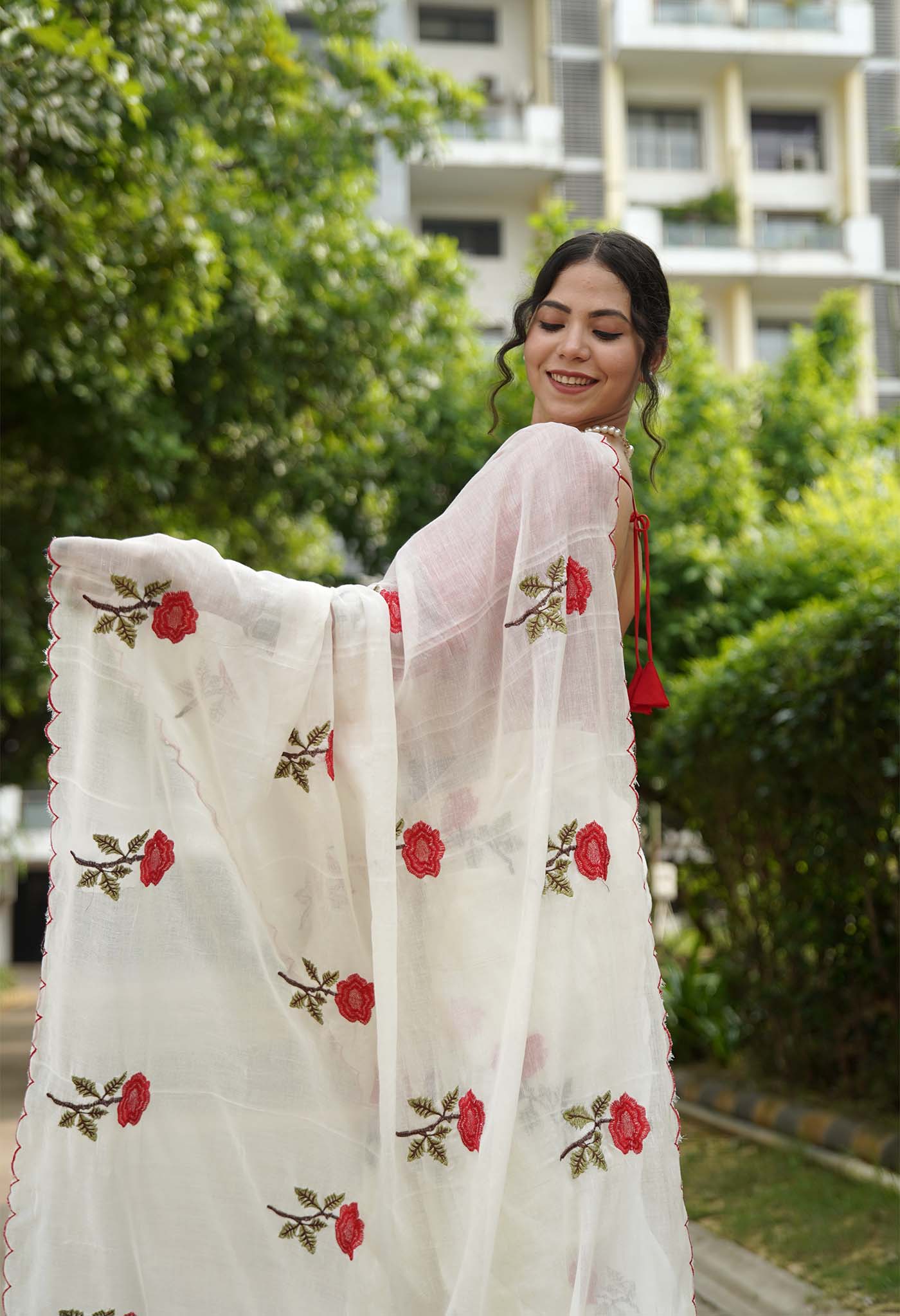 Beautiful Cotton Rose Embroidered Overall With Scalloped Bordered Pre Draped Saree