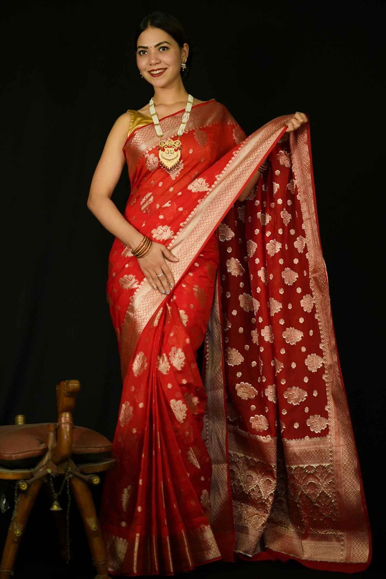 Exquisite Red Katan Inspired Silk Saree with Intricate All-Over Butas and Ornate Palla, Adorned with Luxurious Tassels – A Ready-to-Wear Saree