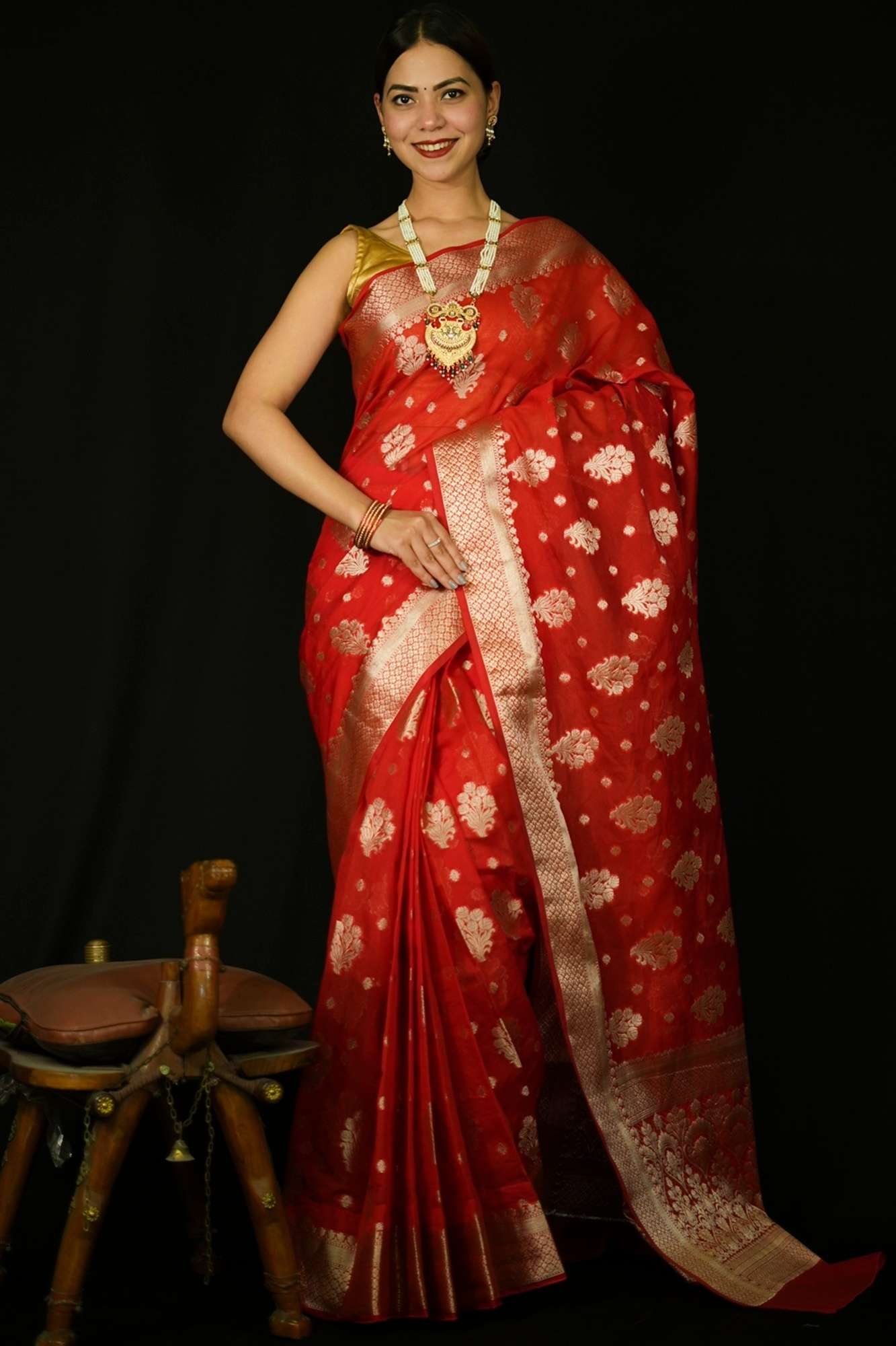 Exquisite Red Katan Inspired Silk Saree with Intricate All-Over Butas and Ornate Palla, Adorned with Luxurious Tassels – A Ready-to-Wear Saree