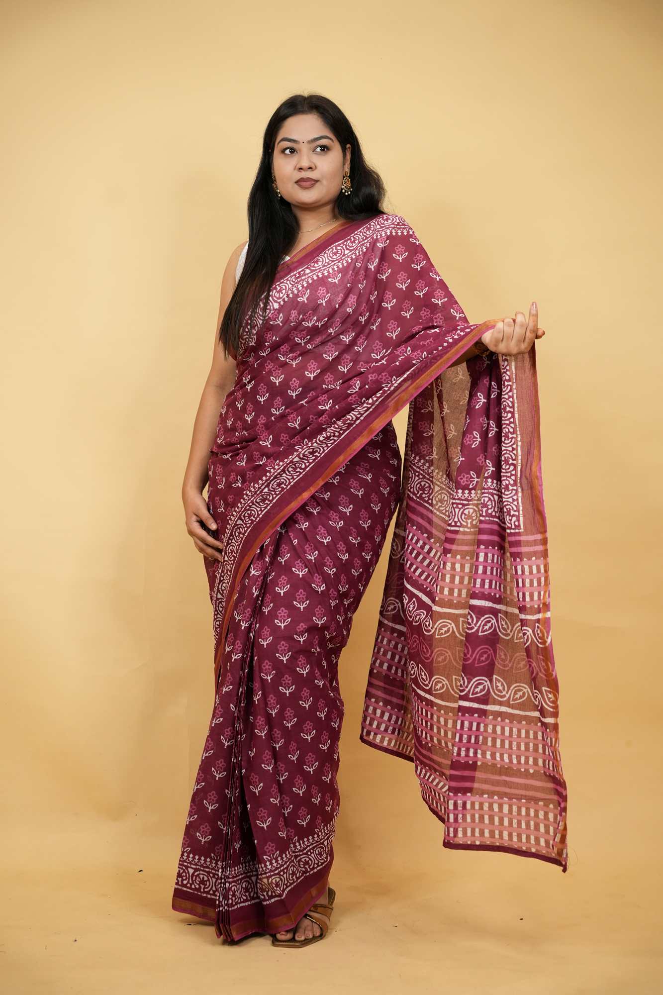 Cotton Jaipuri Printed with Zari Border in Maroon Ready To Wear Saree