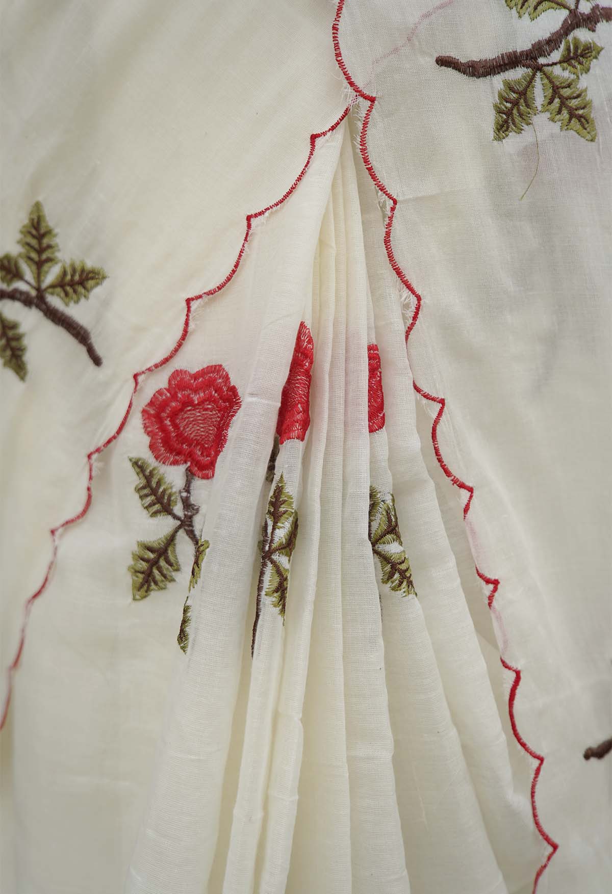 Beautiful Cotton Rose Embroidered Overall With Scalloped Bordered Pre Draped Saree