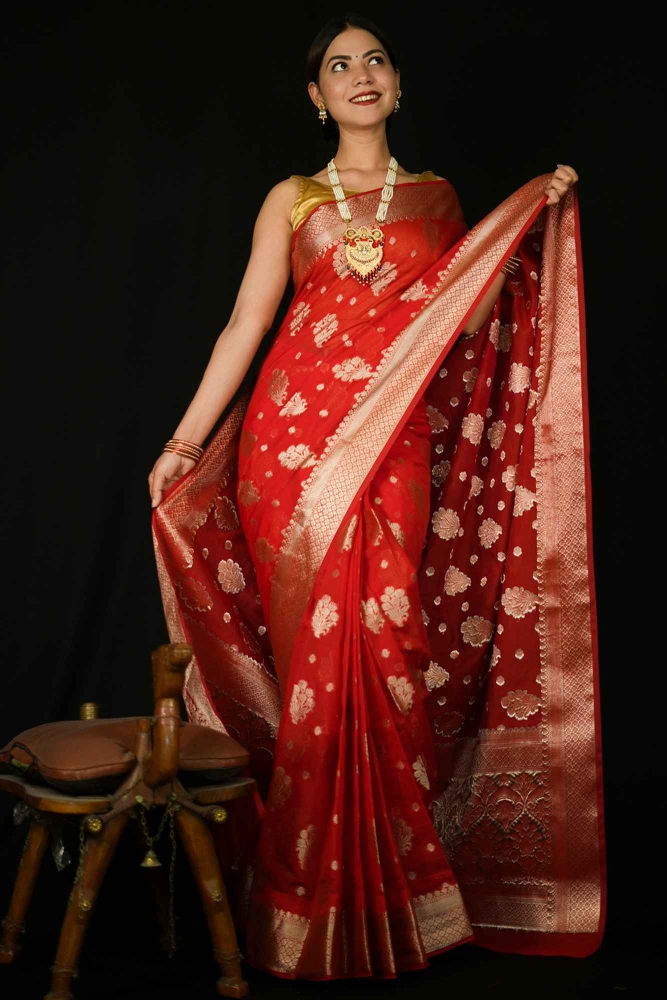 Exquisite Red Katan Inspired Silk Saree with Intricate All-Over Butas and Ornate Palla, Adorned with Luxurious Tassels – A Ready-to-Wear Saree