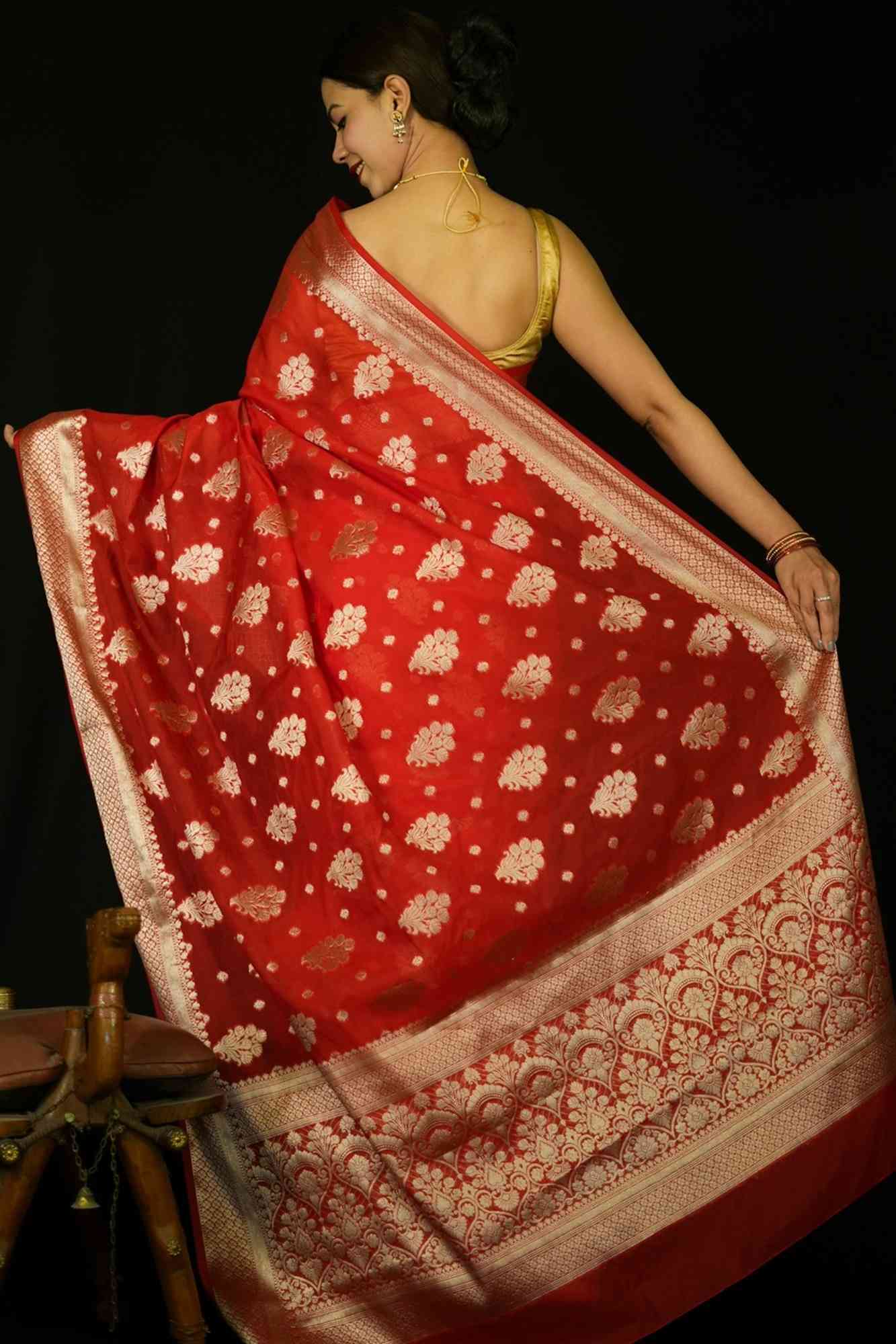 Exquisite Red Katan Inspired Silk Saree with Intricate All-Over Butas and Ornate Palla, Adorned with Luxurious Tassels – A Ready-to-Wear Saree