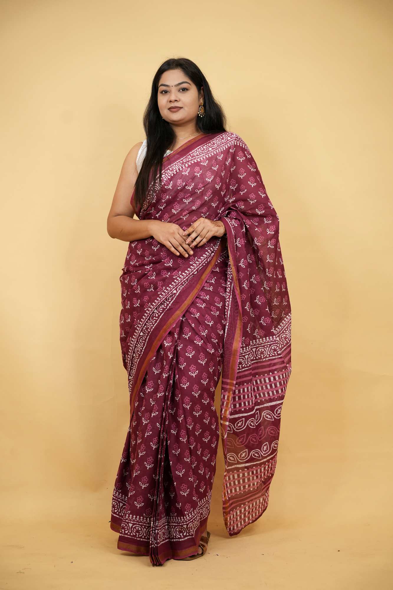 Cotton Jaipuri Printed with Zari Border in Maroon Ready To Wear Saree