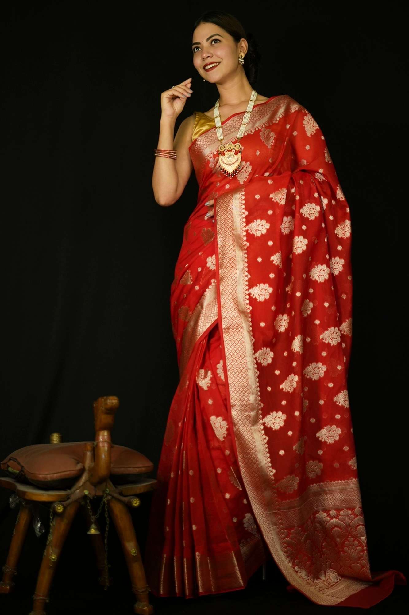 Exquisite Red Katan Inspired Silk Saree with Intricate All-Over Butas and Ornate Palla, Adorned with Luxurious Tassels – A Ready-to-Wear Saree