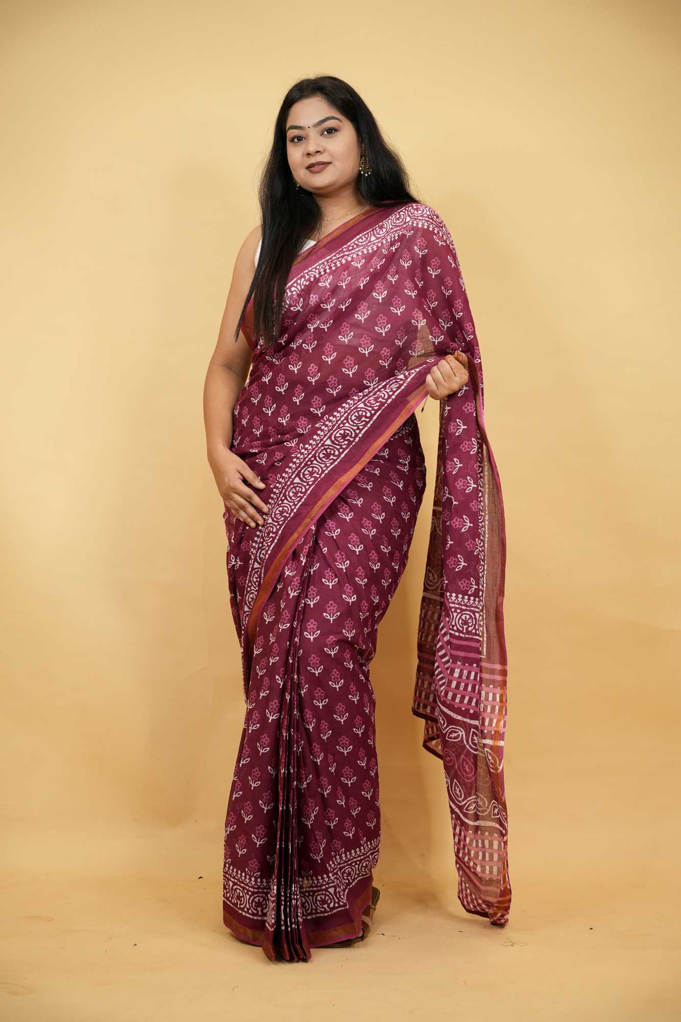 Cotton Jaipuri Printed with Zari Border in Maroon Ready To Wear Saree