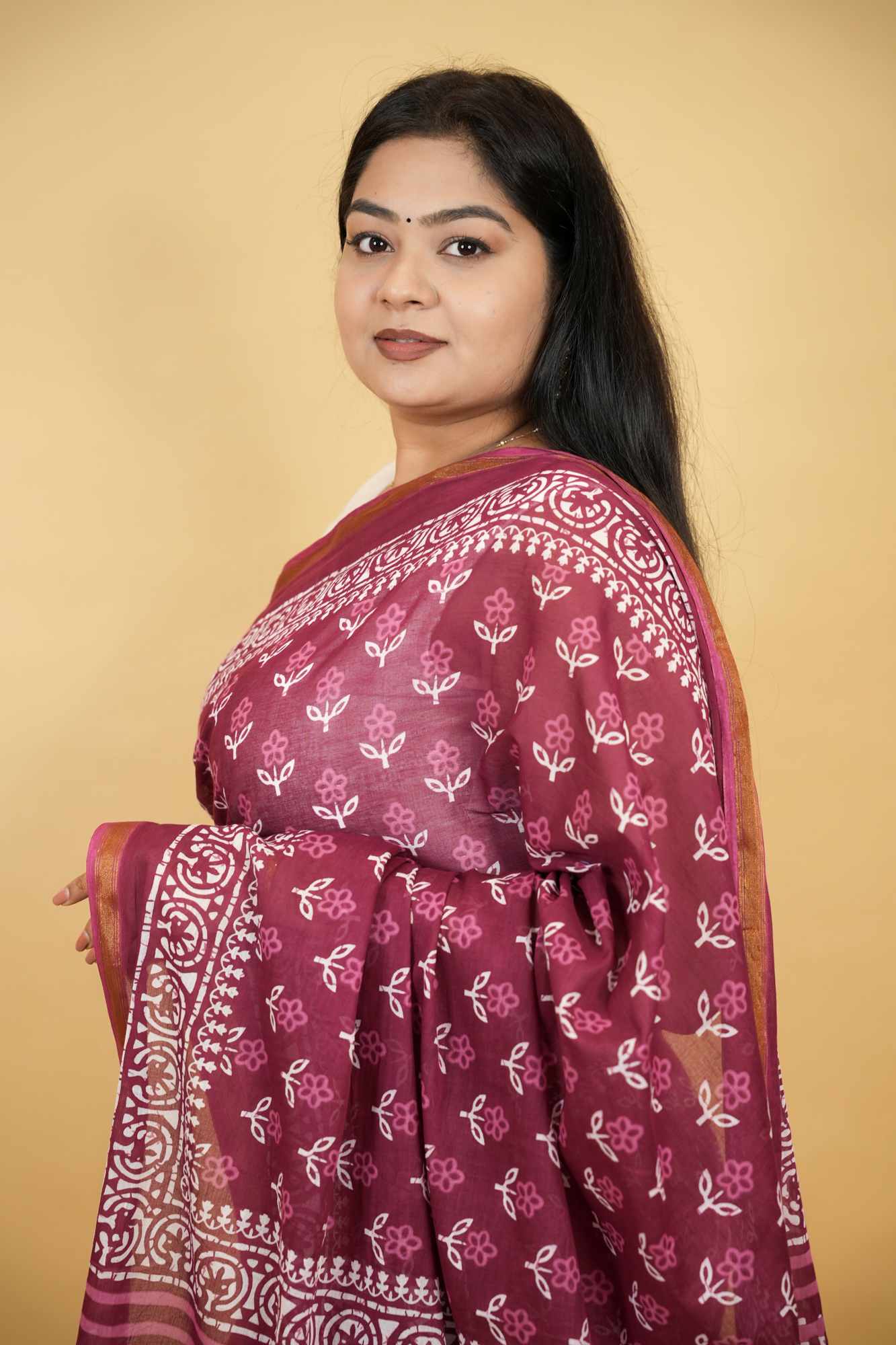 Cotton Jaipuri Printed with Zari Border in Maroon Ready To Wear Saree
