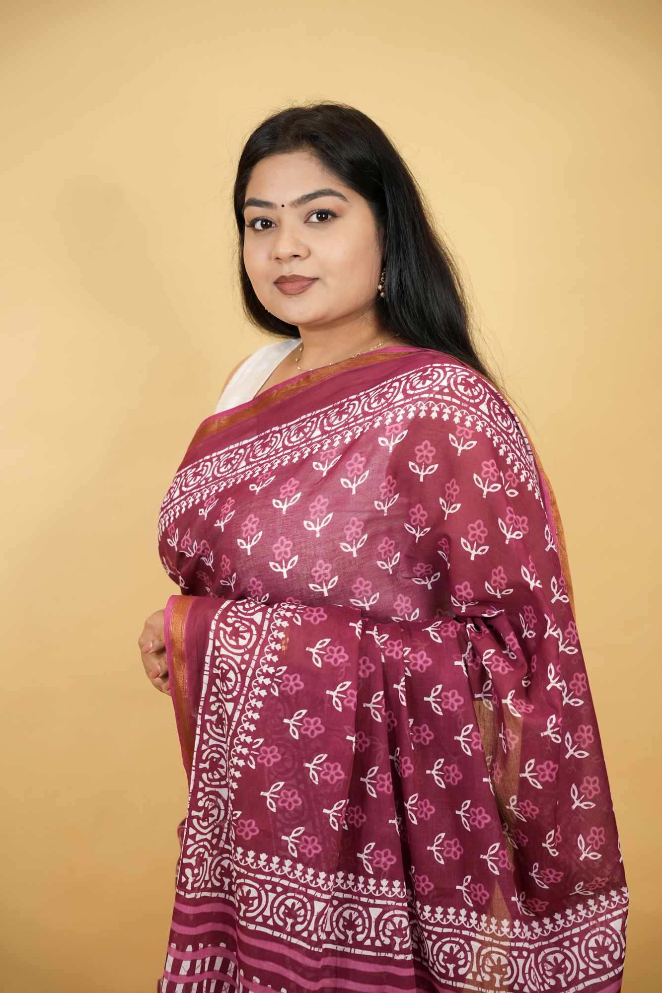 Cotton Jaipuri Printed with Zari Border in Maroon Ready To Wear Saree