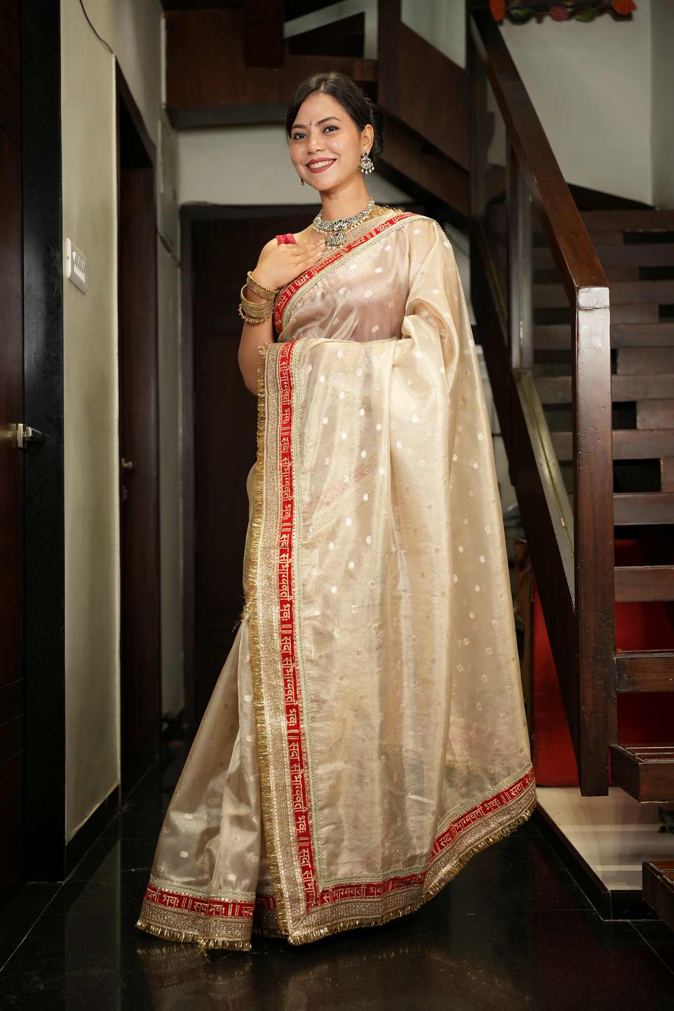 Diwali Special - Tissue Silk with “Sada Saubhagyavati Bhava” zari Border Ready To Wear Saree