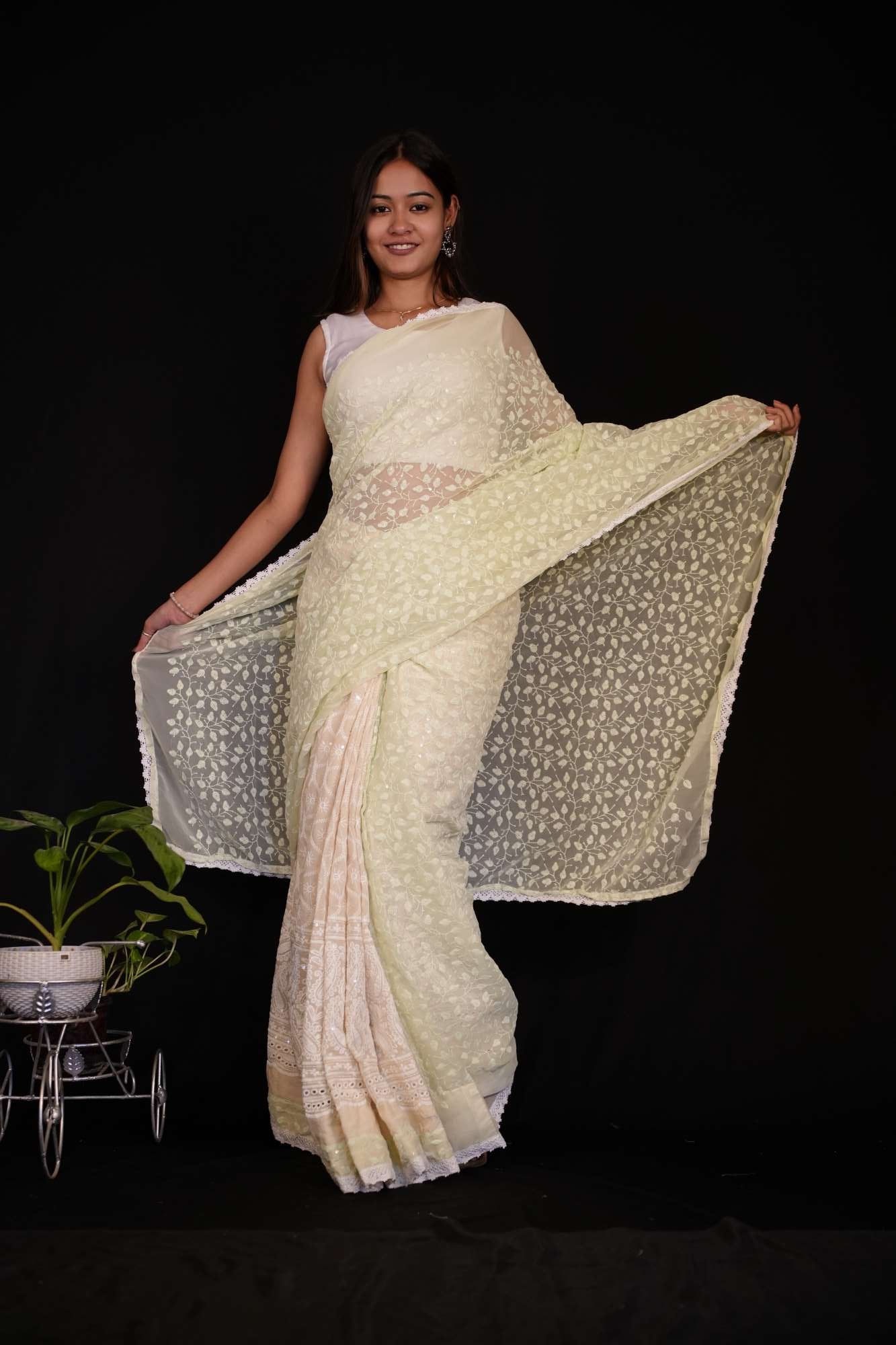 Light Green and white Cotton Hakoba Chickenkari Work with Sequence Embroidered Pallu ready to wear saree