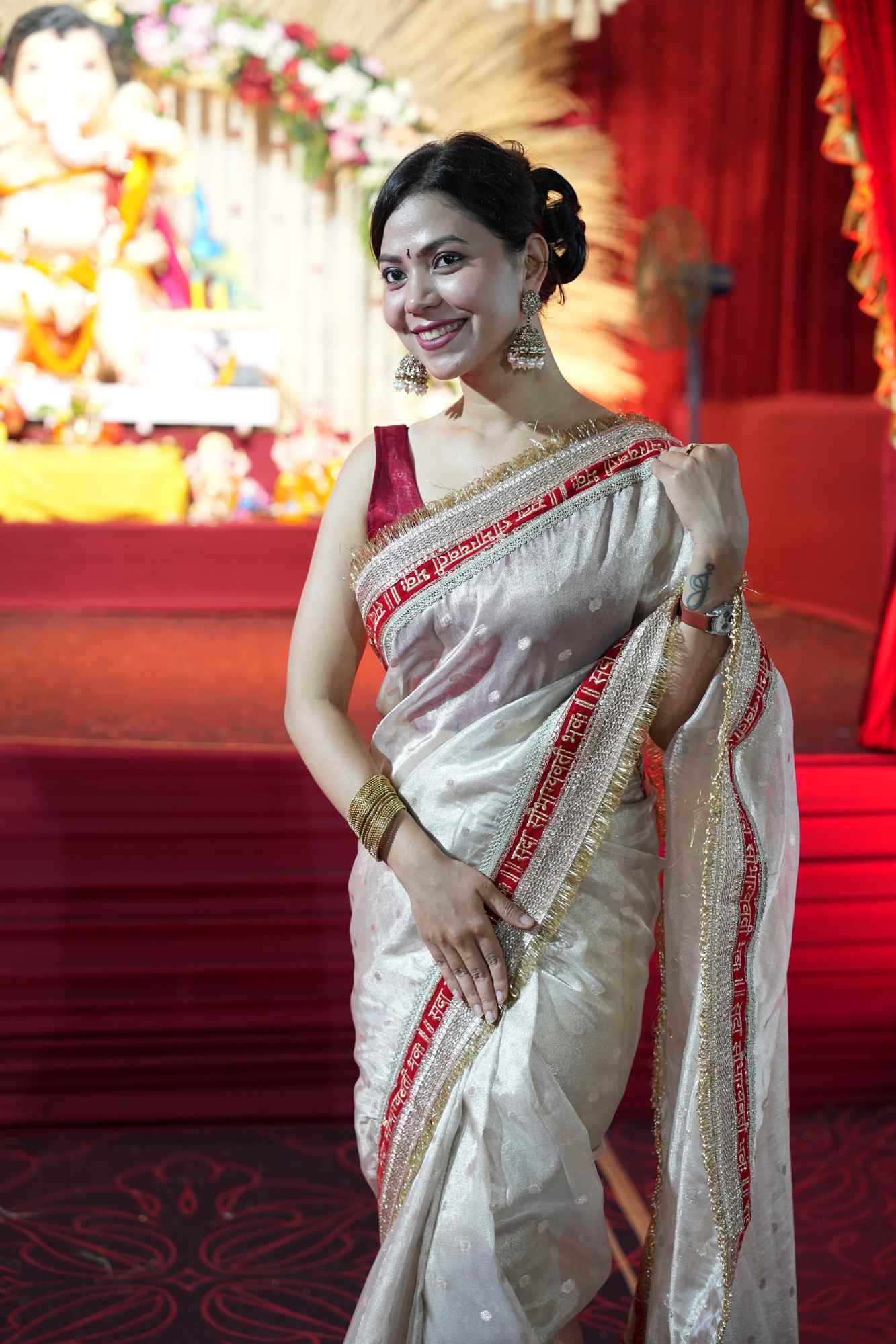 Diwali Special - Tissue Silk with “Sada Saubhagyavati Bhava” zari Border Ready To Wear Saree