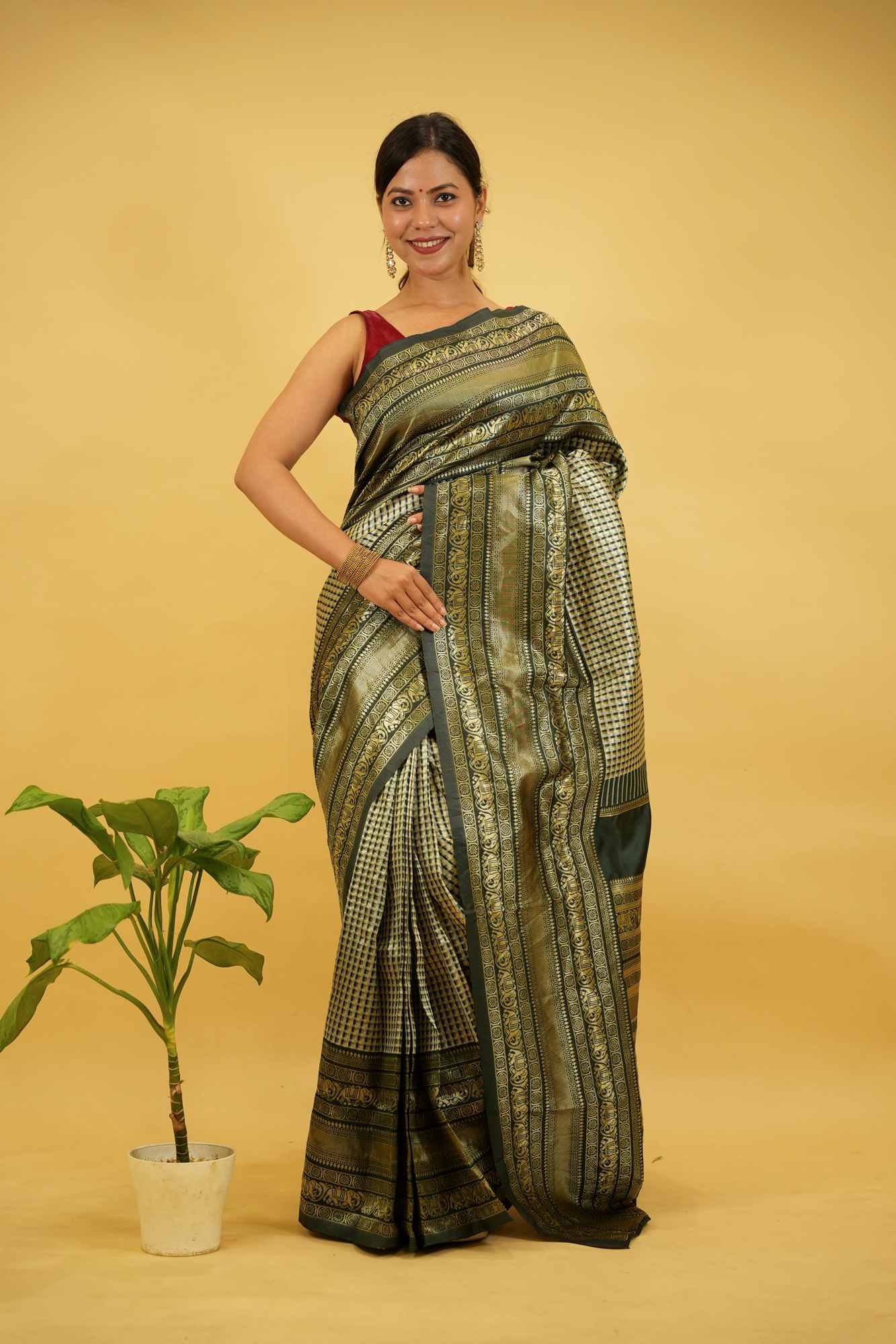 Soft Lichi Silk with Checkered Body and Green Zari Pallu Ready To Wear Saree