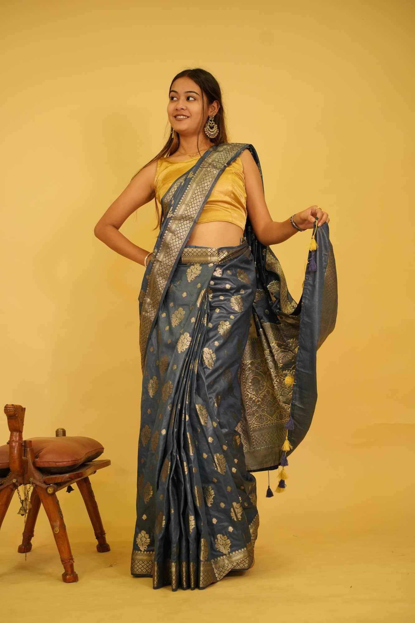 Exquisite  Katan Inspired Silk Saree with Intricate All-Over Butas and Ornate Palla, Adorned with Luxurious Tassels – A Ready-to-Wear Saree