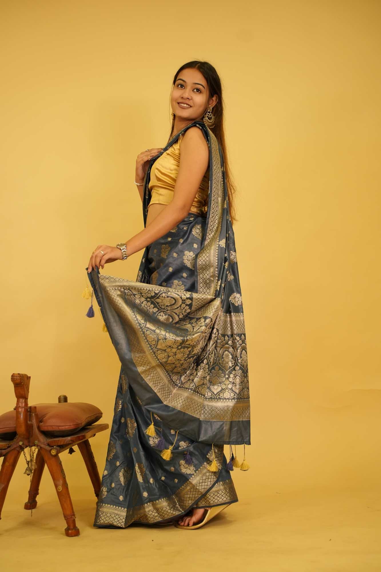 Exquisite  Katan Inspired Silk Saree with Intricate All-Over Butas and Ornate Palla, Adorned with Luxurious Tassels – A Ready-to-Wear Saree