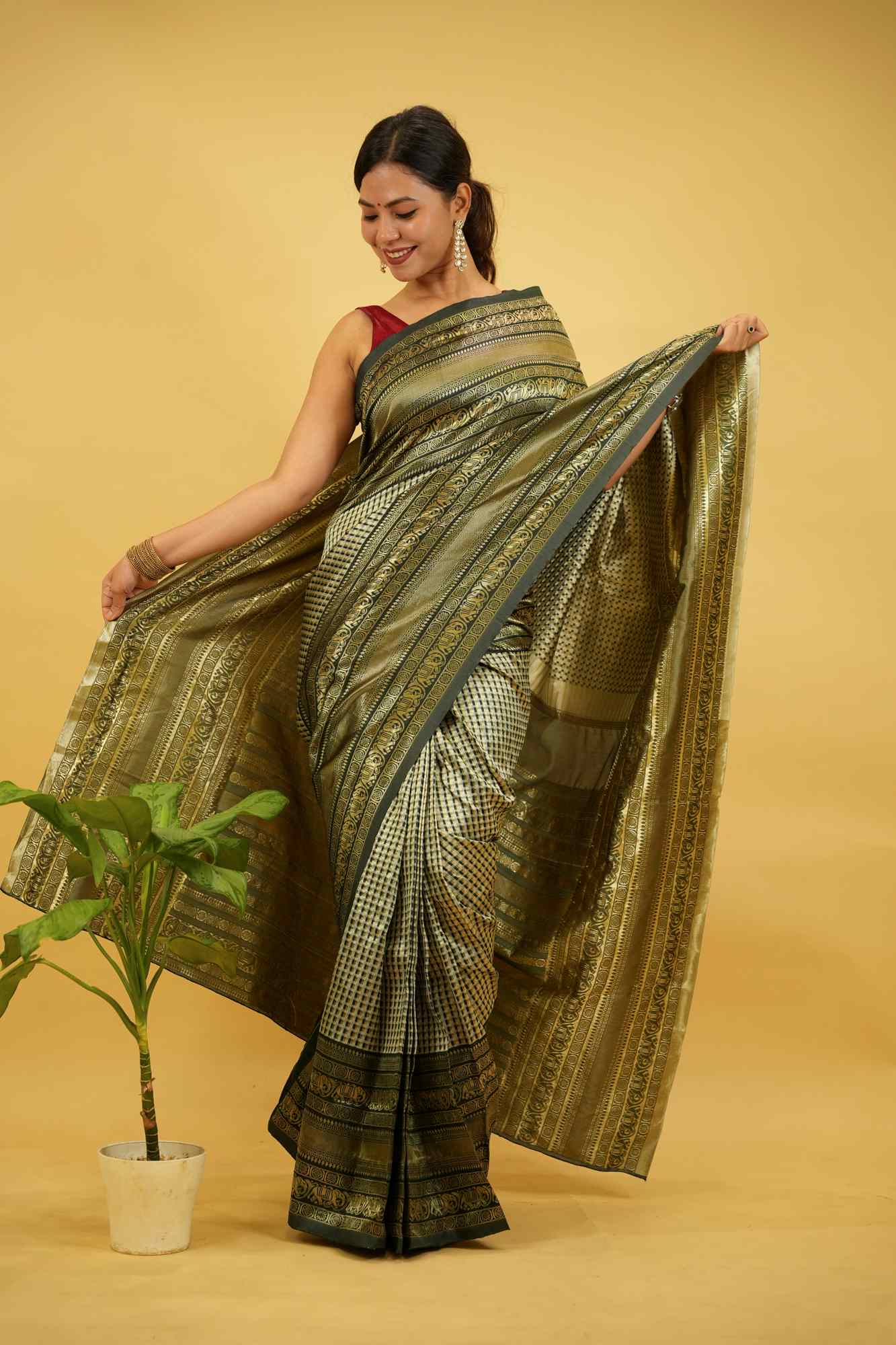 Soft Lichi Silk with Checkered Body and Green Zari Pallu Ready To Wear Saree
