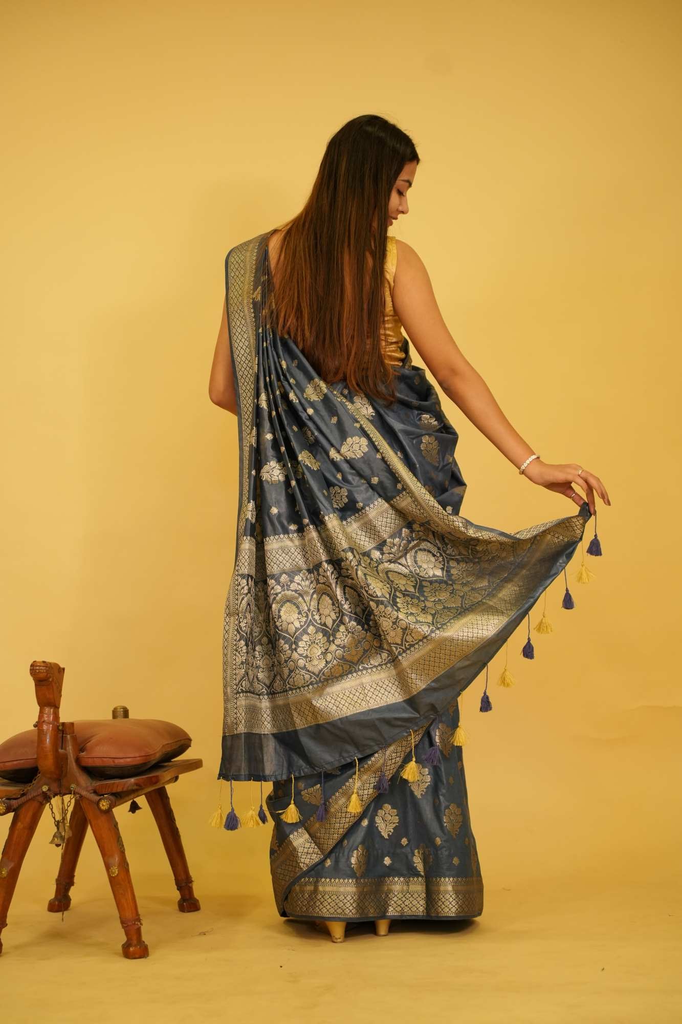 Exquisite  Katan Inspired Silk Saree with Intricate All-Over Butas and Ornate Palla, Adorned with Luxurious Tassels – A Ready-to-Wear Saree