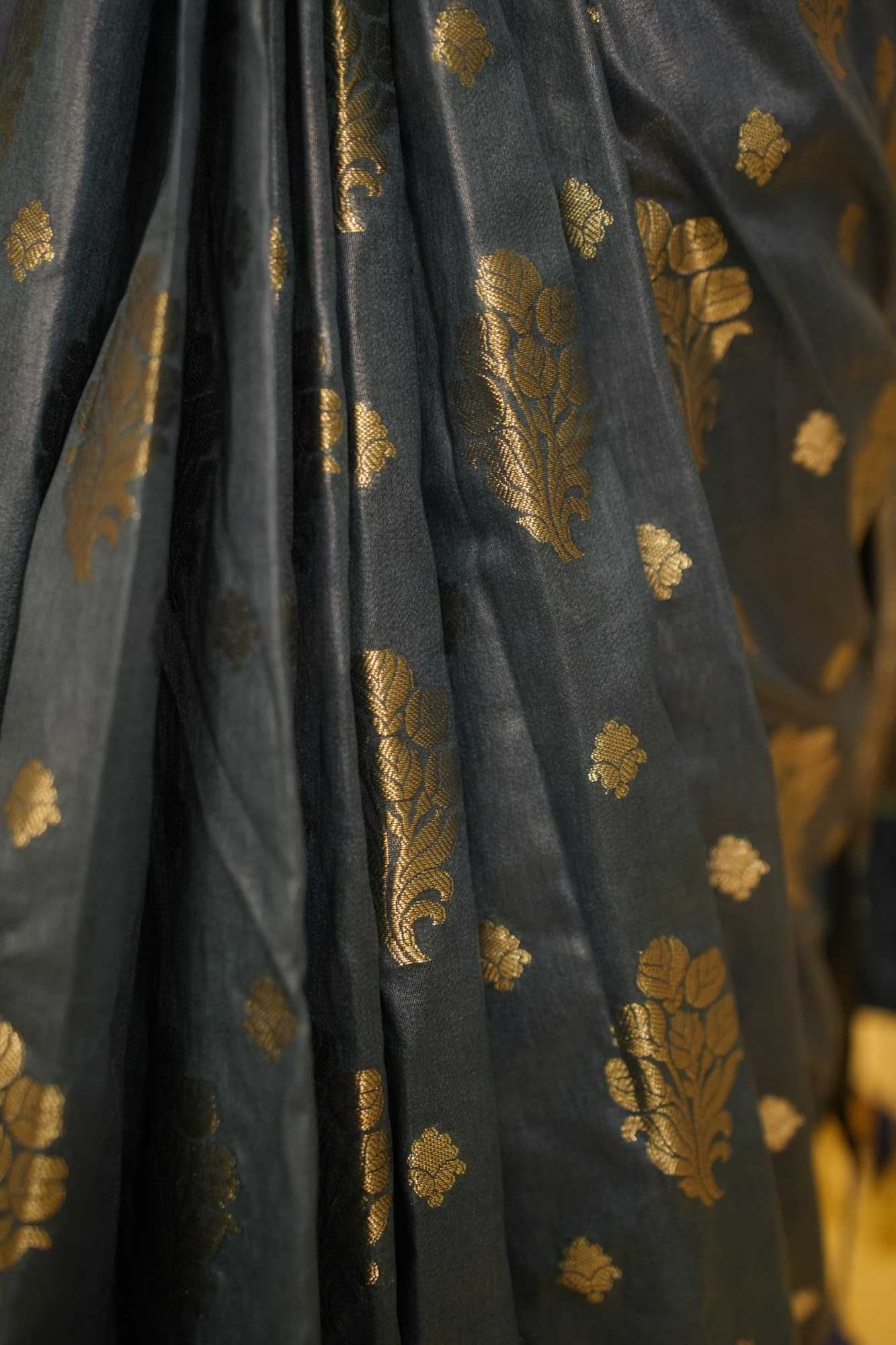 Exquisite  Katan Inspired Silk Saree with Intricate All-Over Butas and Ornate Palla, Adorned with Luxurious Tassels – A Ready-to-Wear Saree