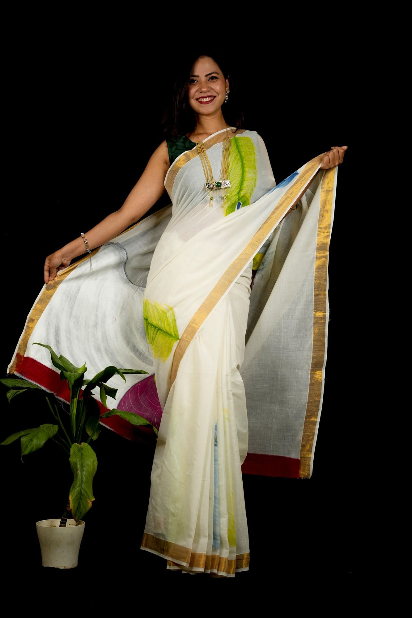 White Cotton Featuring Hand-Painted Krishna with Cow Ready To Wear Saree