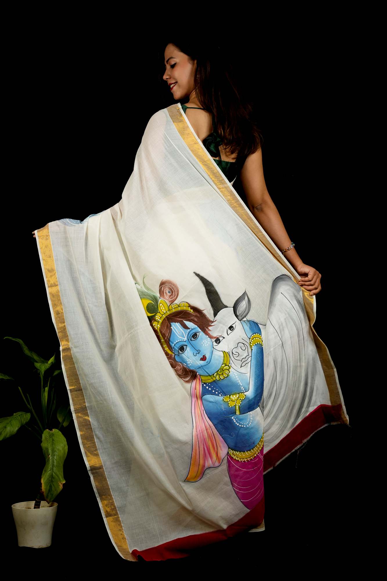 White Cotton Featuring Hand-Painted Krishna with Cow Ready To Wear Saree