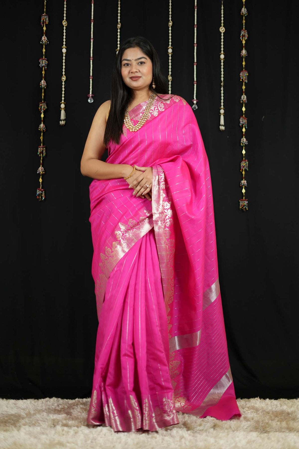 Vibrant Pink in Soft Catlon Silk with Zari Detailing Ready To Wear Sar