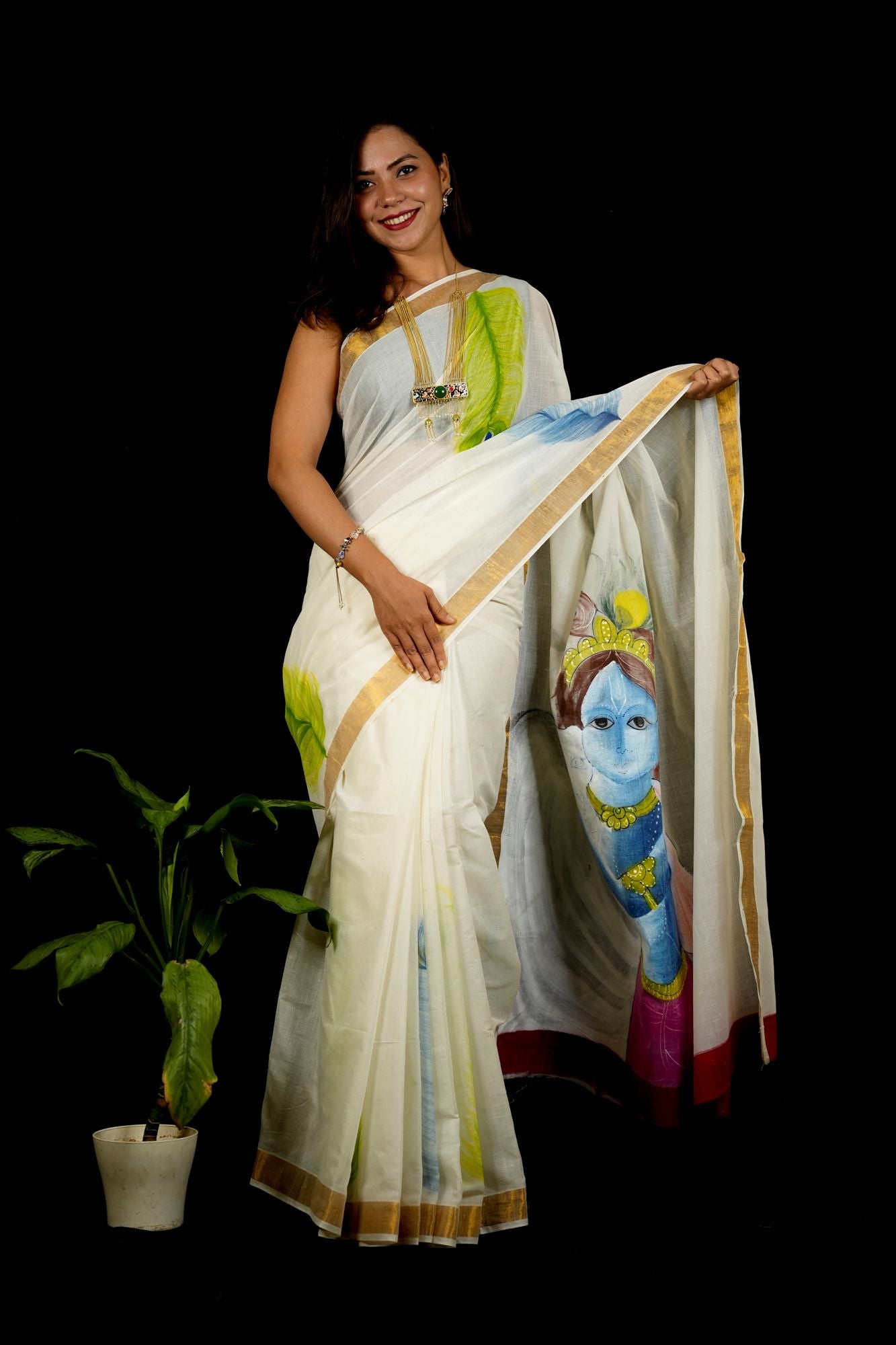 White Cotton Featuring Hand-Painted Krishna with Cow Ready To Wear Saree