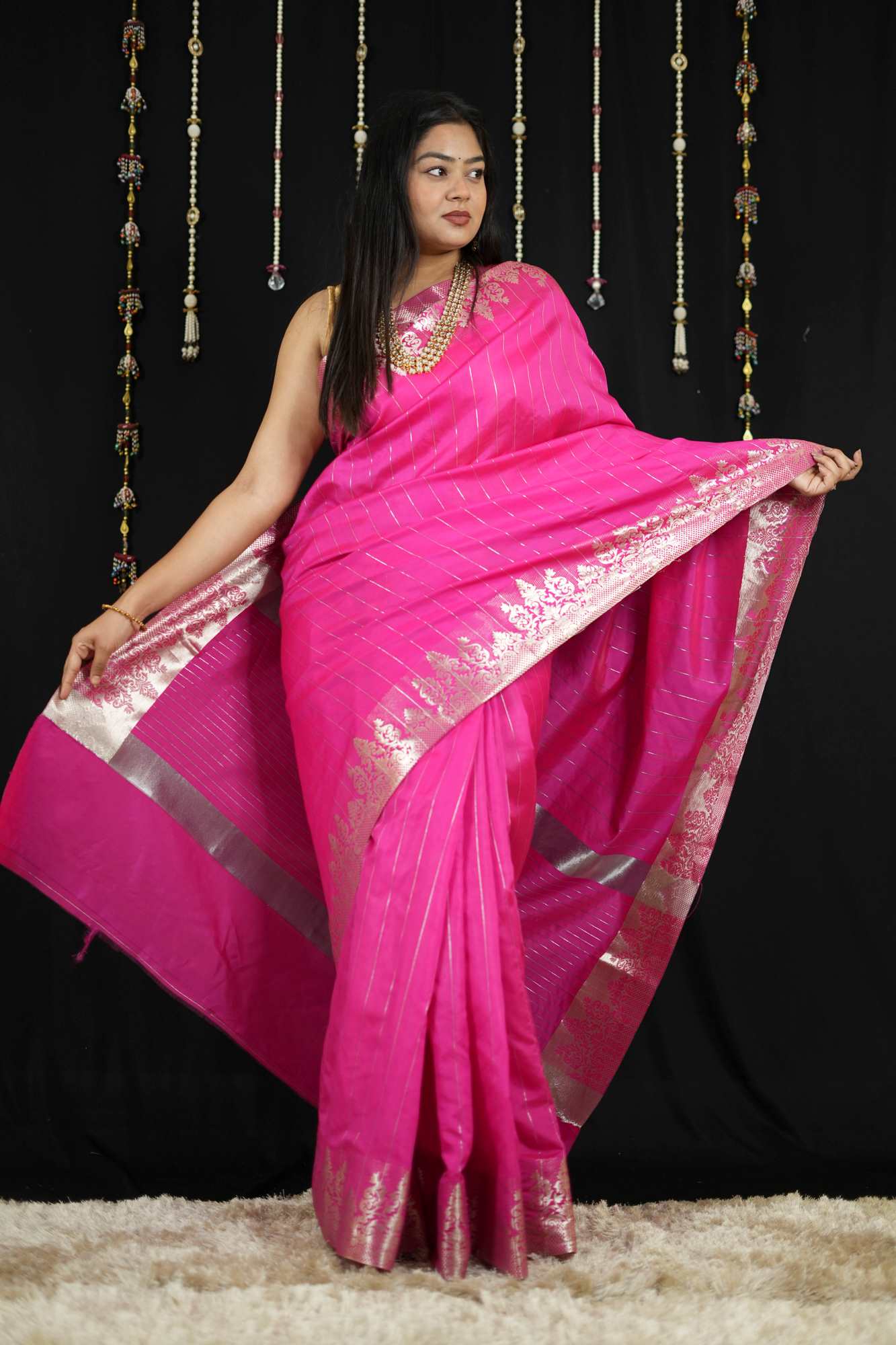 Vibrant Pink in Soft Catlon Silk with Zari Detailing Ready To Wear Saree
