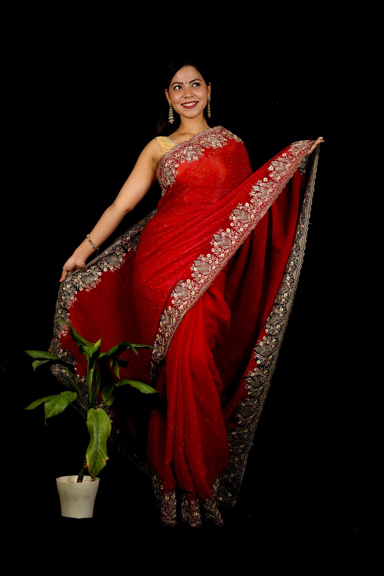 Red Chiffon Satin Silk with Luxurious Zardozi & Sequin Embellished Border Ready To Wear Saree