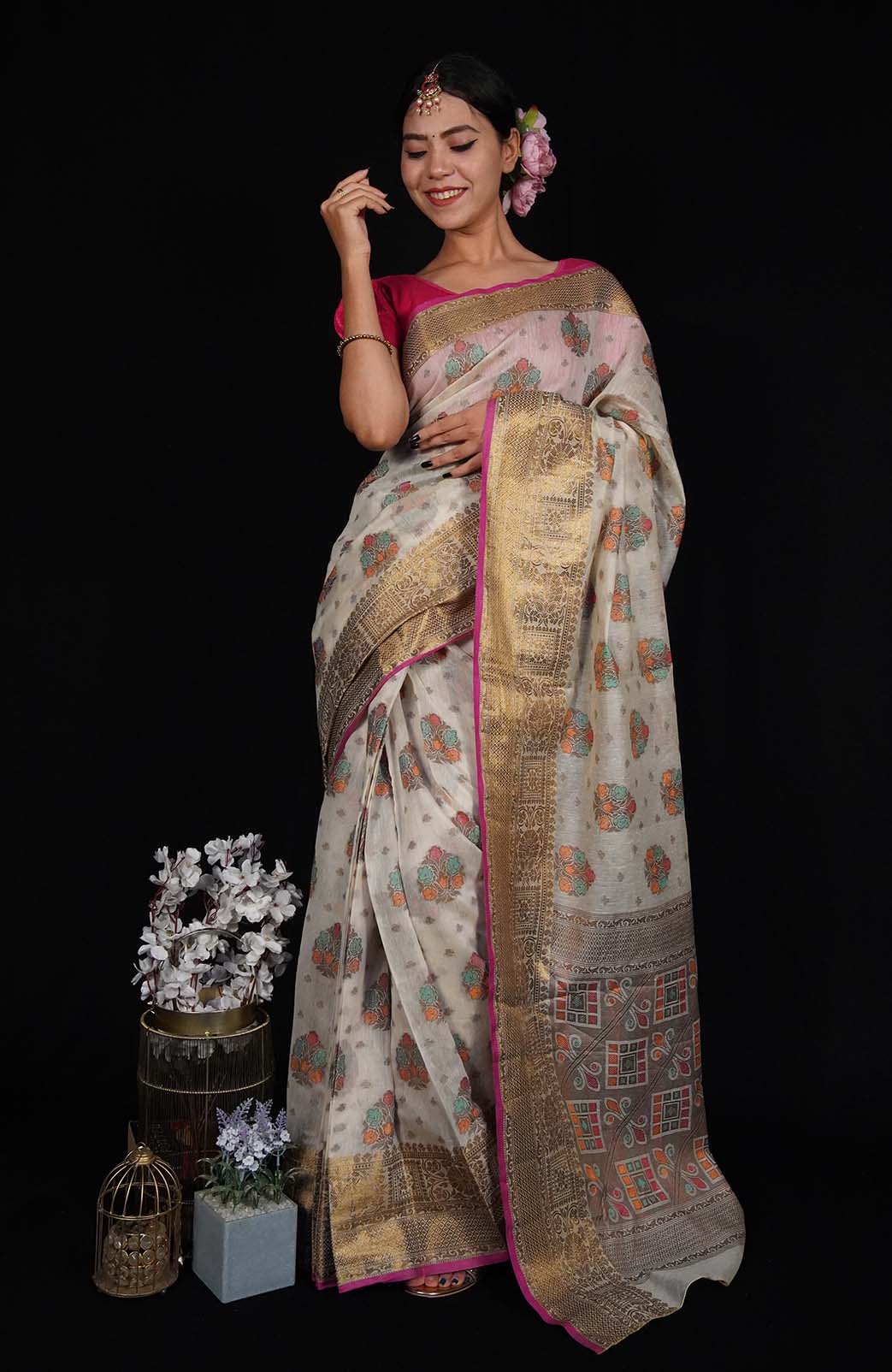 Prestitched Beige Banarasi Jaal work zari woven butis and ornate border with beautiful Pallu one minute saree