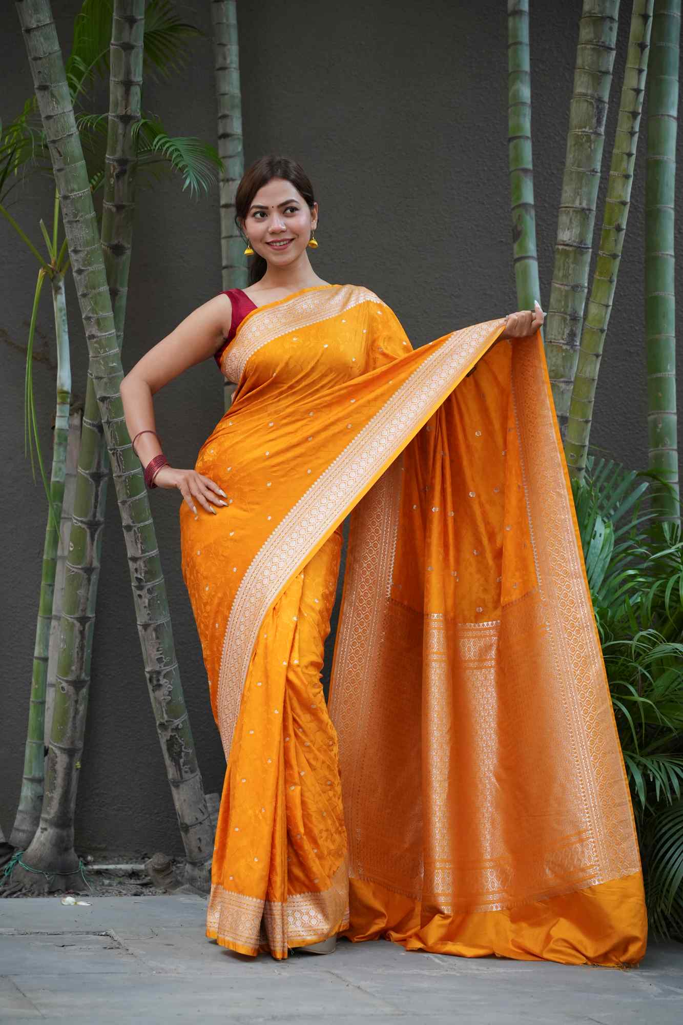 Banarasi Soft Mashru Silk All Over Zari Buti Weave Border Ready To Wear Saree