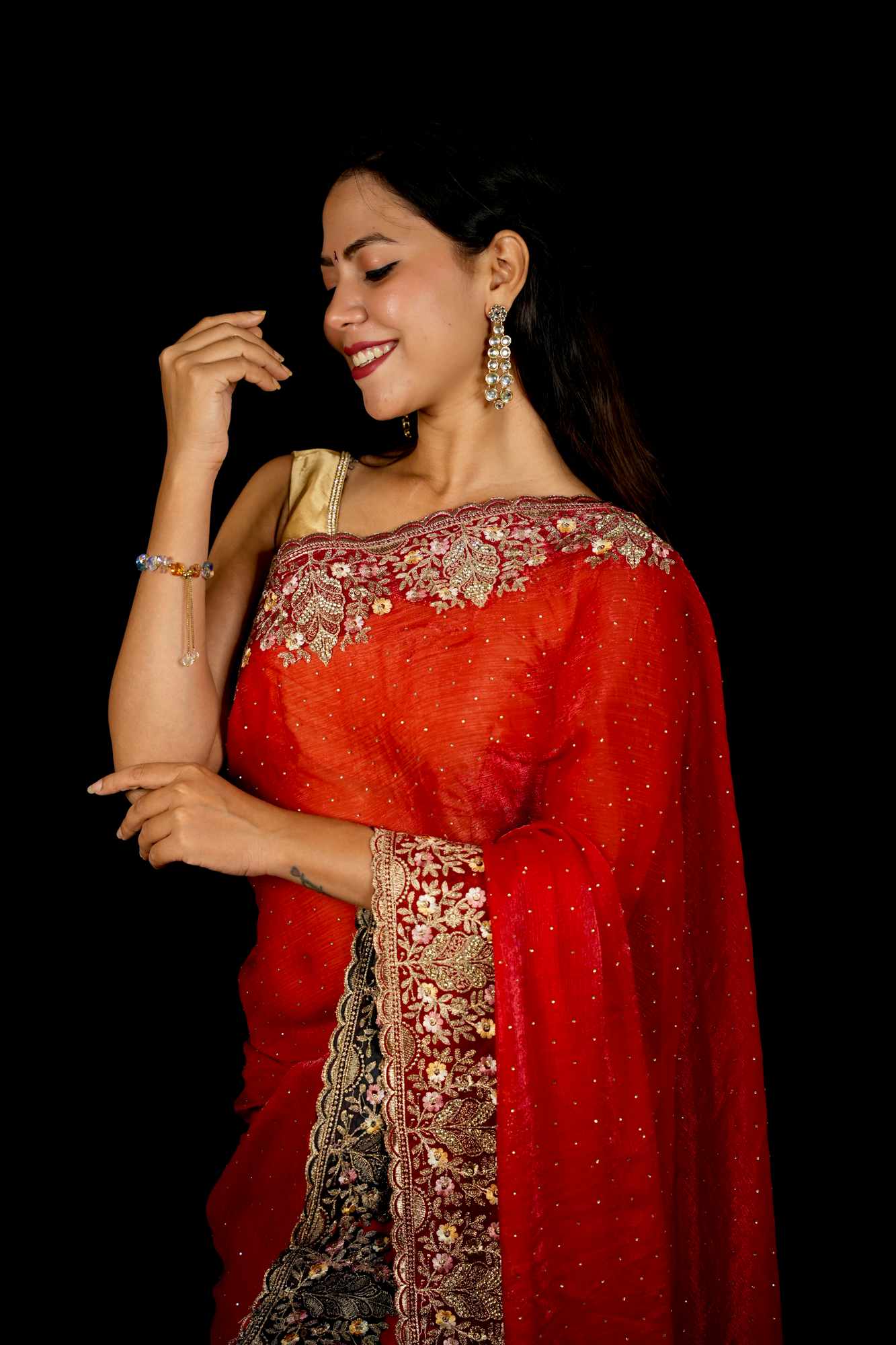 Red Chiffon Satin Silk with Luxurious Zardozi & Sequin Embellished Border Ready To Wear Saree