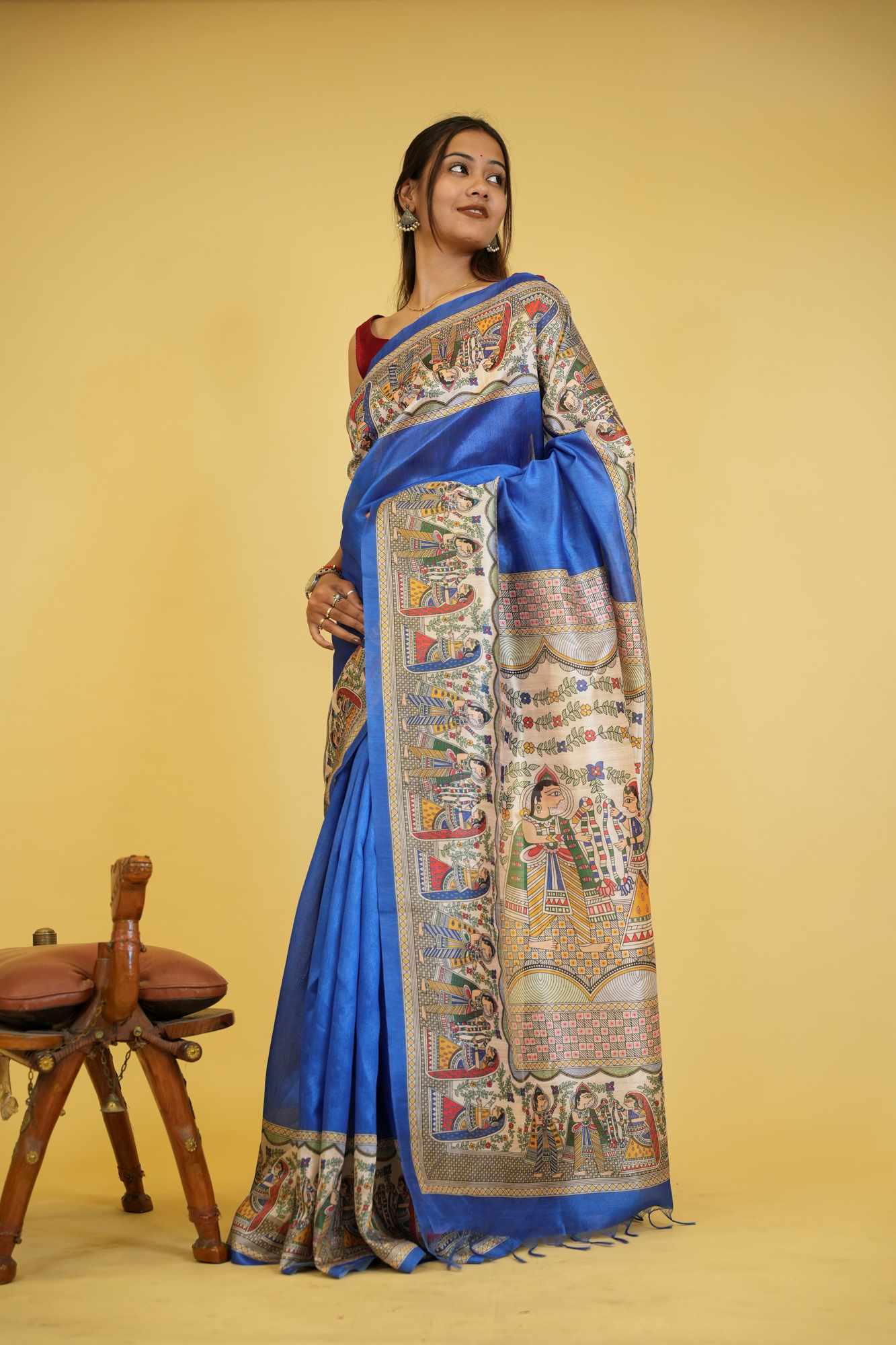 Elegant Blue Semi Ghicha Tussar Silk Saree with Madhubani ready to wear saree
